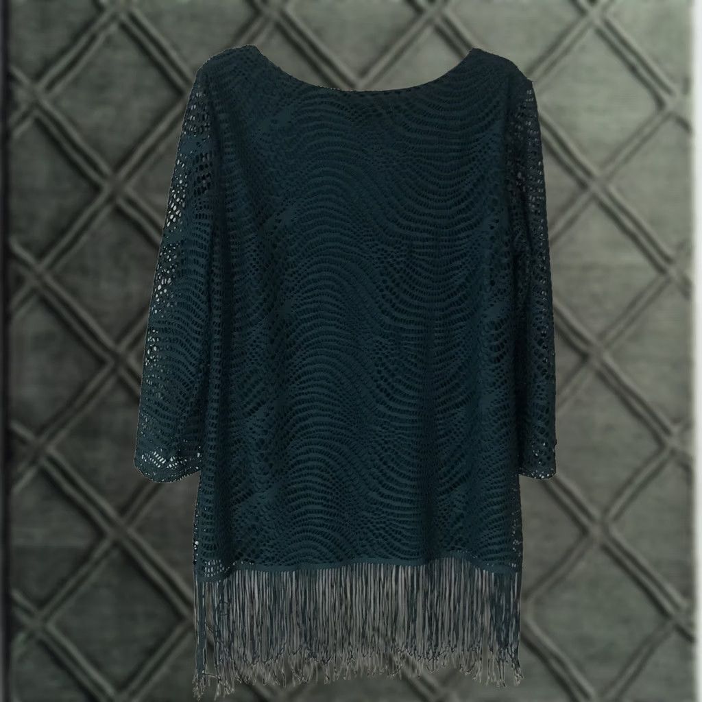 Melissa Melissa Paige Blouse Top Womens Size S Fringe 3/4 Sleeve Green NWT Lined Polyester Blend Party Cocktail Shirt Womens Size S / US 4 / IT 40 - 1 Thumbnail