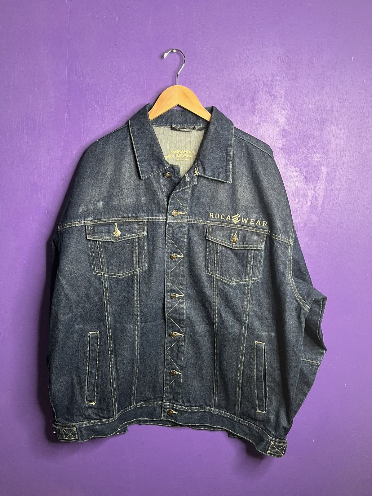 Image of Early ‘00S Rocawear Simple Logo Heavy Denim Jacket in Navy, Men's (Size 2XL)