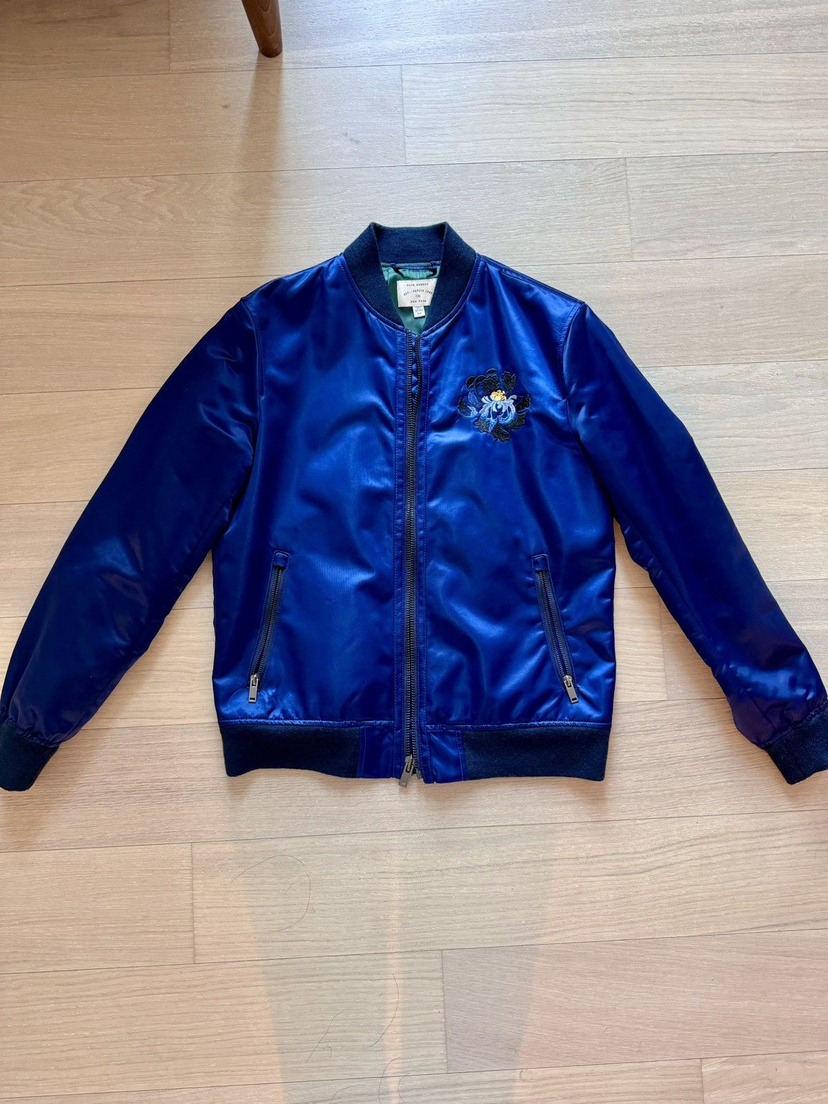 image of Club Monaco Satin Embroidered Souvenir Bomber Jacket in Blue, Men's (Size Small)