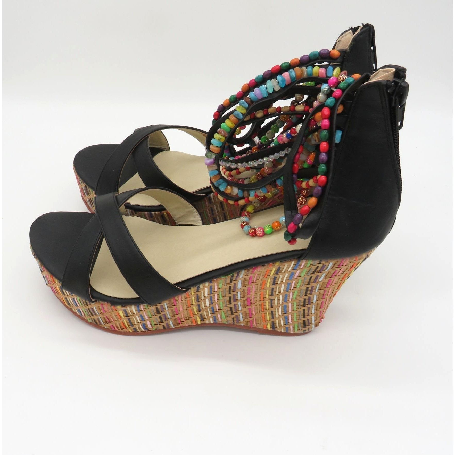 Other Get More Beauty Women's Black Wedge Sandals Multicolor Beade Size US 10 / IT 40 - 3 Thumbnail