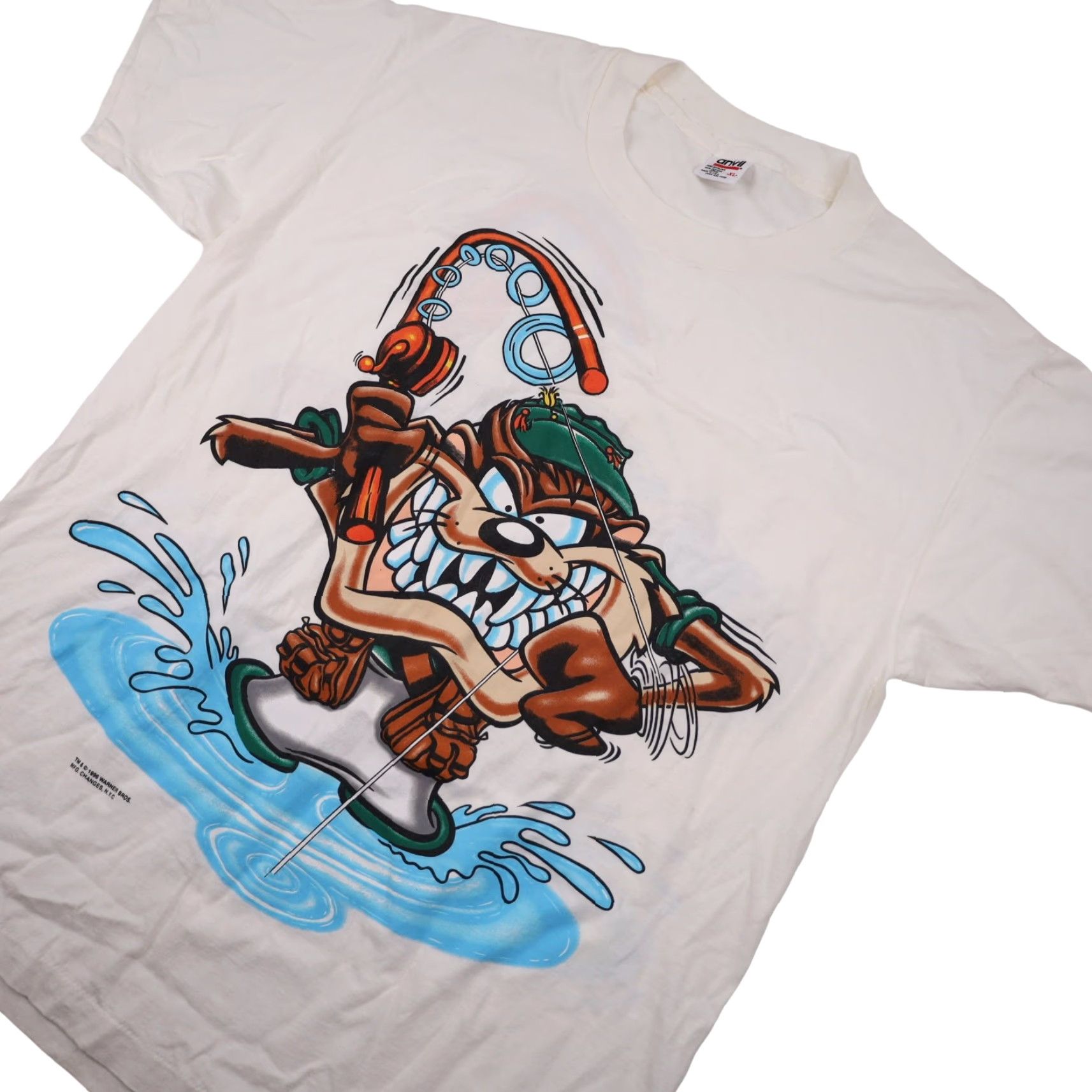 Vintage VINTAGE Looney Tunes Mens XL Fishing Taz Front Back Print Graphic T Shirt White Size US XL / EU 56 / 4 - 2 Thumbnail
