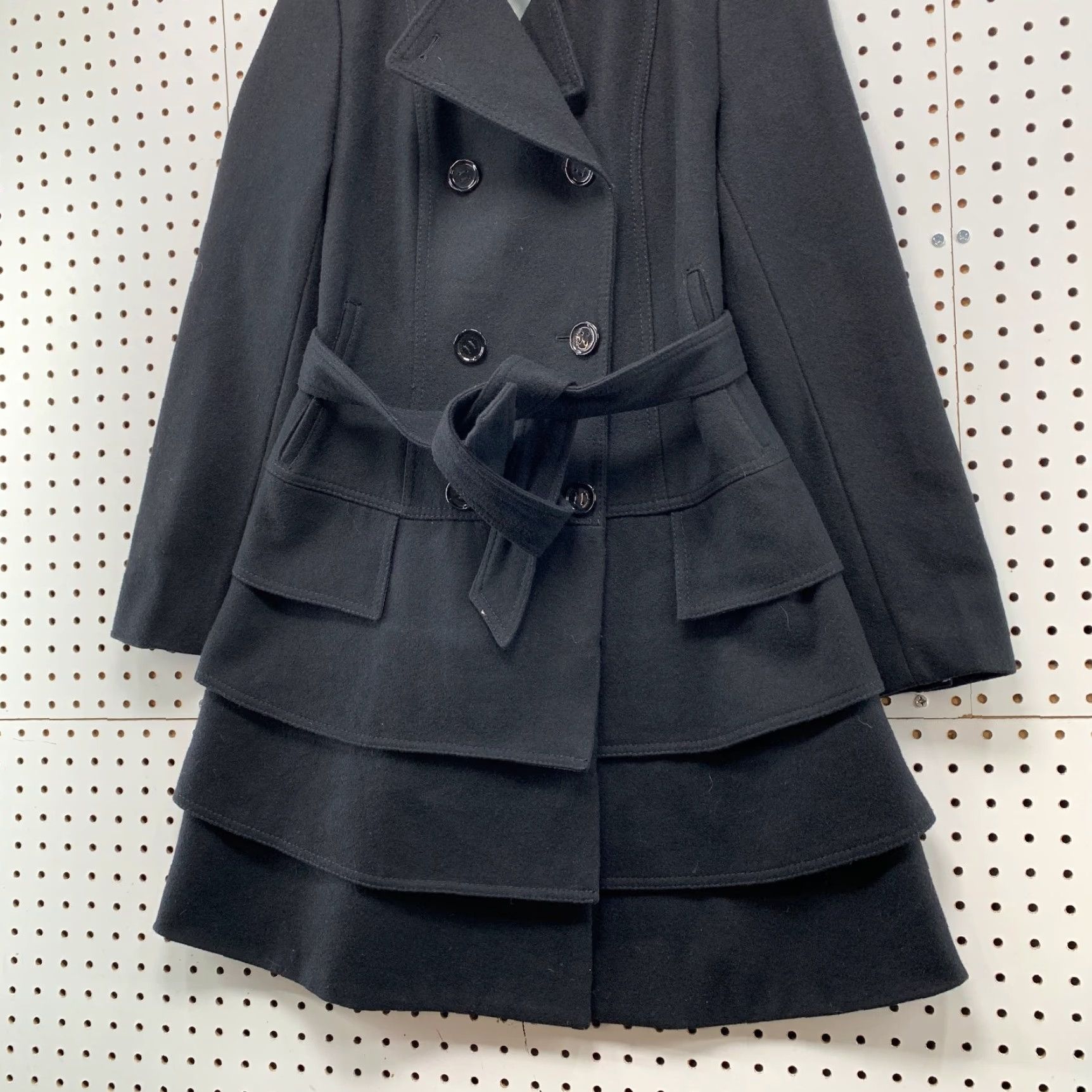 Calvin Klein Calvin Klein Wool Coat Women Black 2 Tiered Belted Double Breasted Ruffle Skirt Size 26" / US 2 / IT 38 - 3 Thumbnail