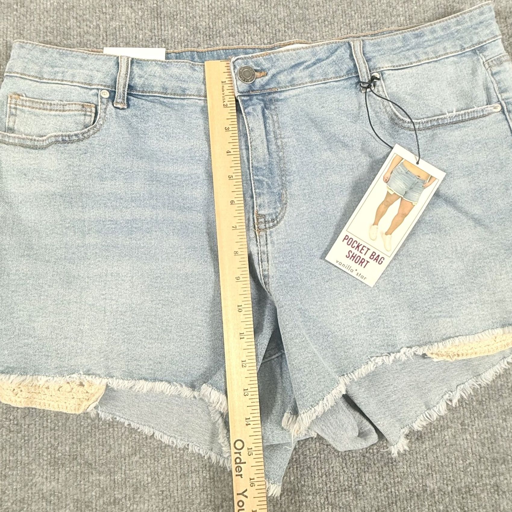 Vintage Vanilla Star Shorts Womens 20W Light Wash Denim Crochet Trim Frayed Pocket Bag Baggy Vintage Style Casual Festival Bohemian Travel Womens 20W Size 42" / US 20 - 4 Thumbnail