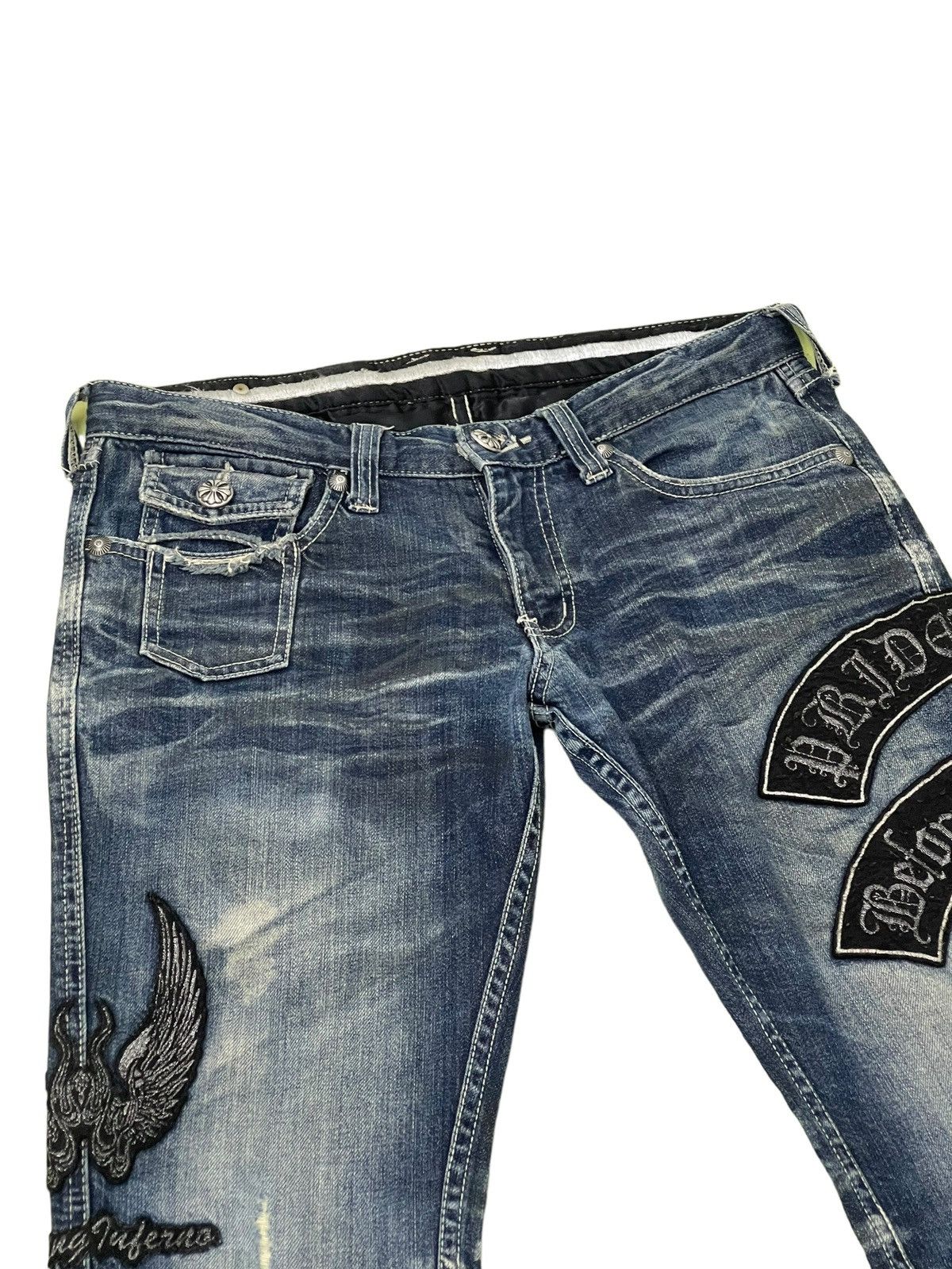 Japanese Brand Flare Jeans Army of No Faded Distress Low Rise Boot Cut 8🟦8 Size US 30 / EU 46 - 8 Thumbnail