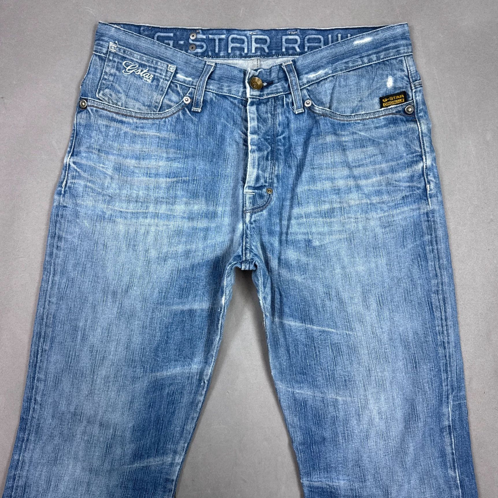 G-Star G Star Raw Jeans Mens 34x32 Blue Coder Button Fly Faded Distressed Denim 5-Pocket Straight Regular Jeans Mens XS? Size US 33 - 4 Thumbnail