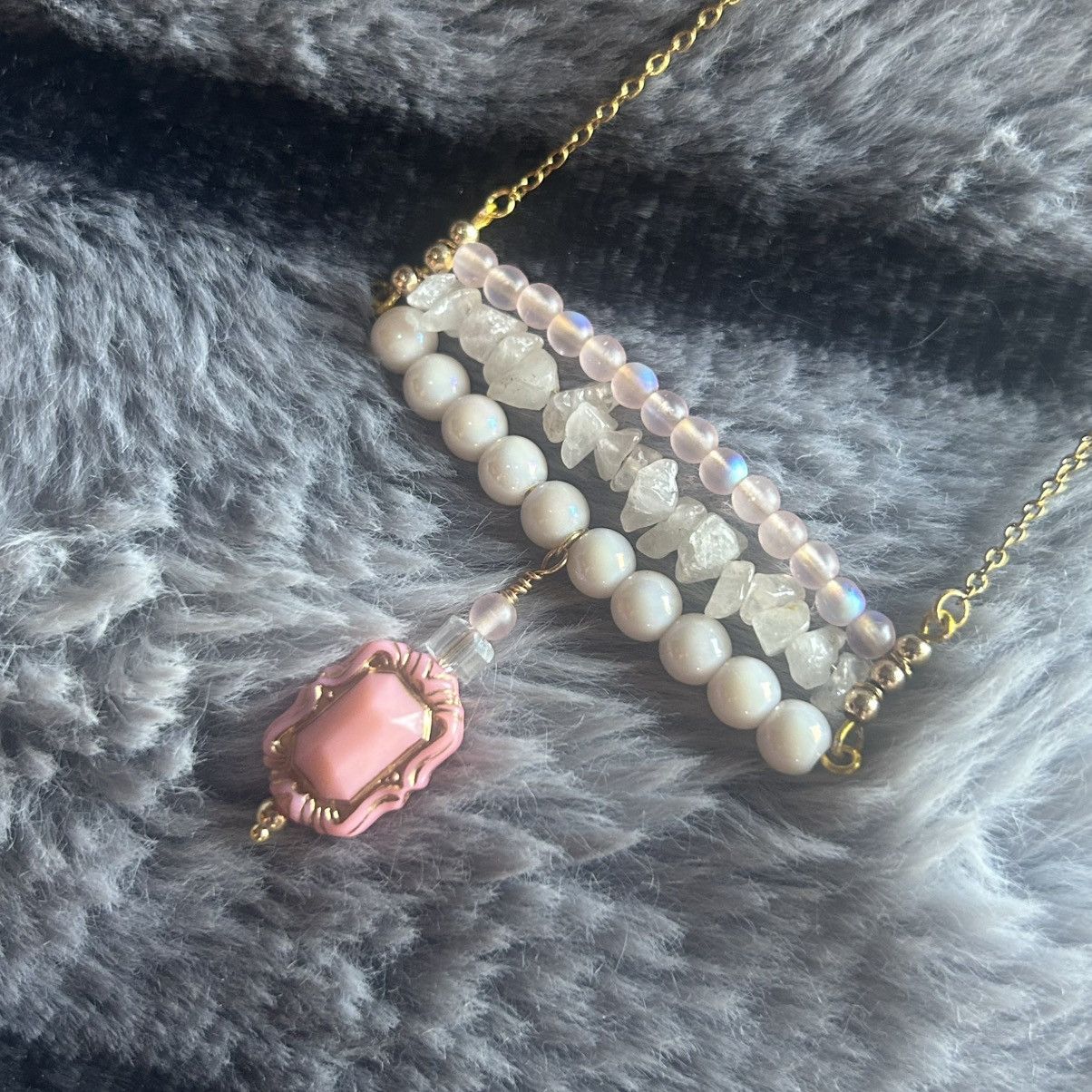 Handmade Handcrafted triple row bar stone rose quartz necklace Size ONE SIZE - 7 Thumbnail