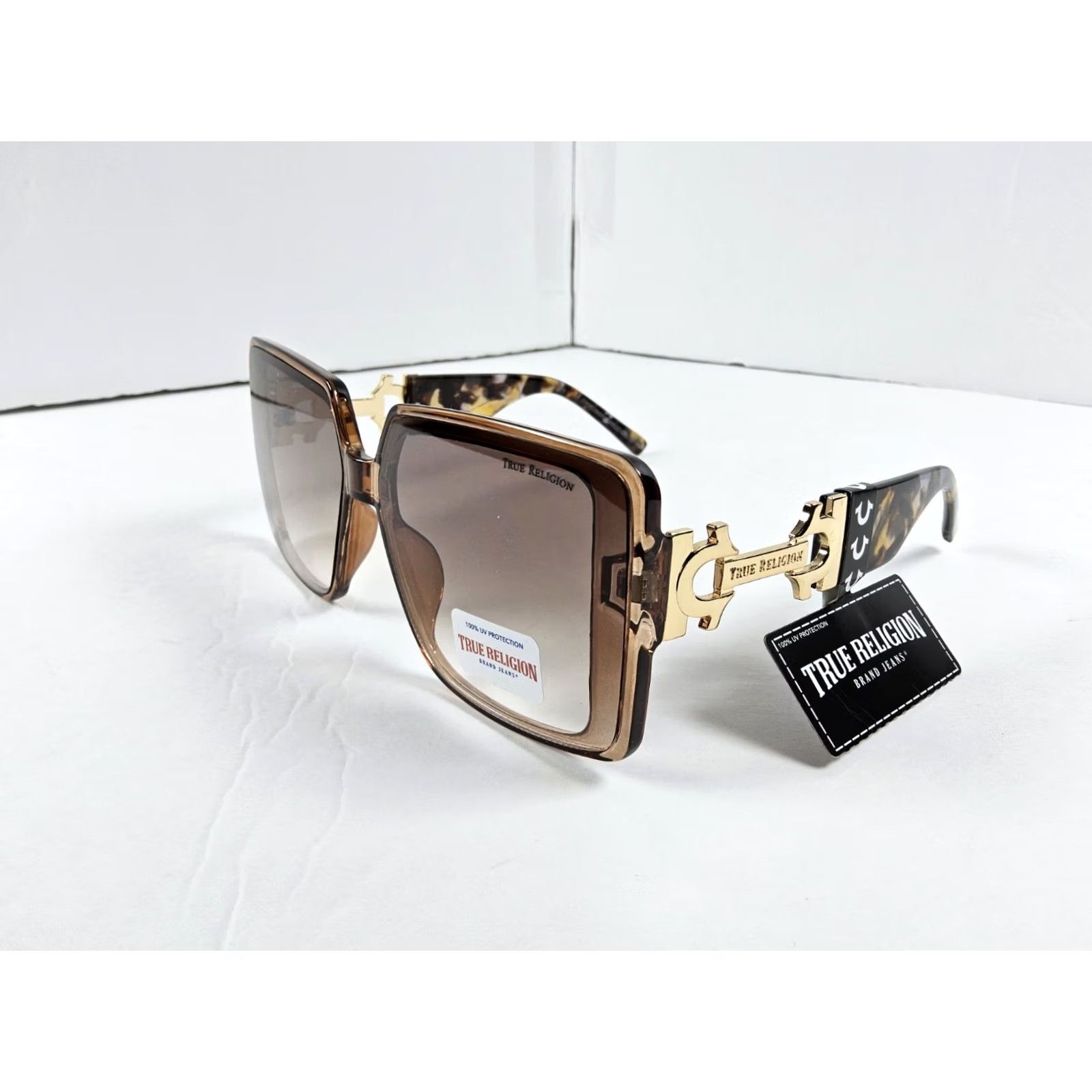 True Religion True Religion Sunglasses Oversized Square Gold Logo UV Protection Brown Plastic Womens 100% UVA Sunshade" Size ONE SIZE - 3 Thumbnail