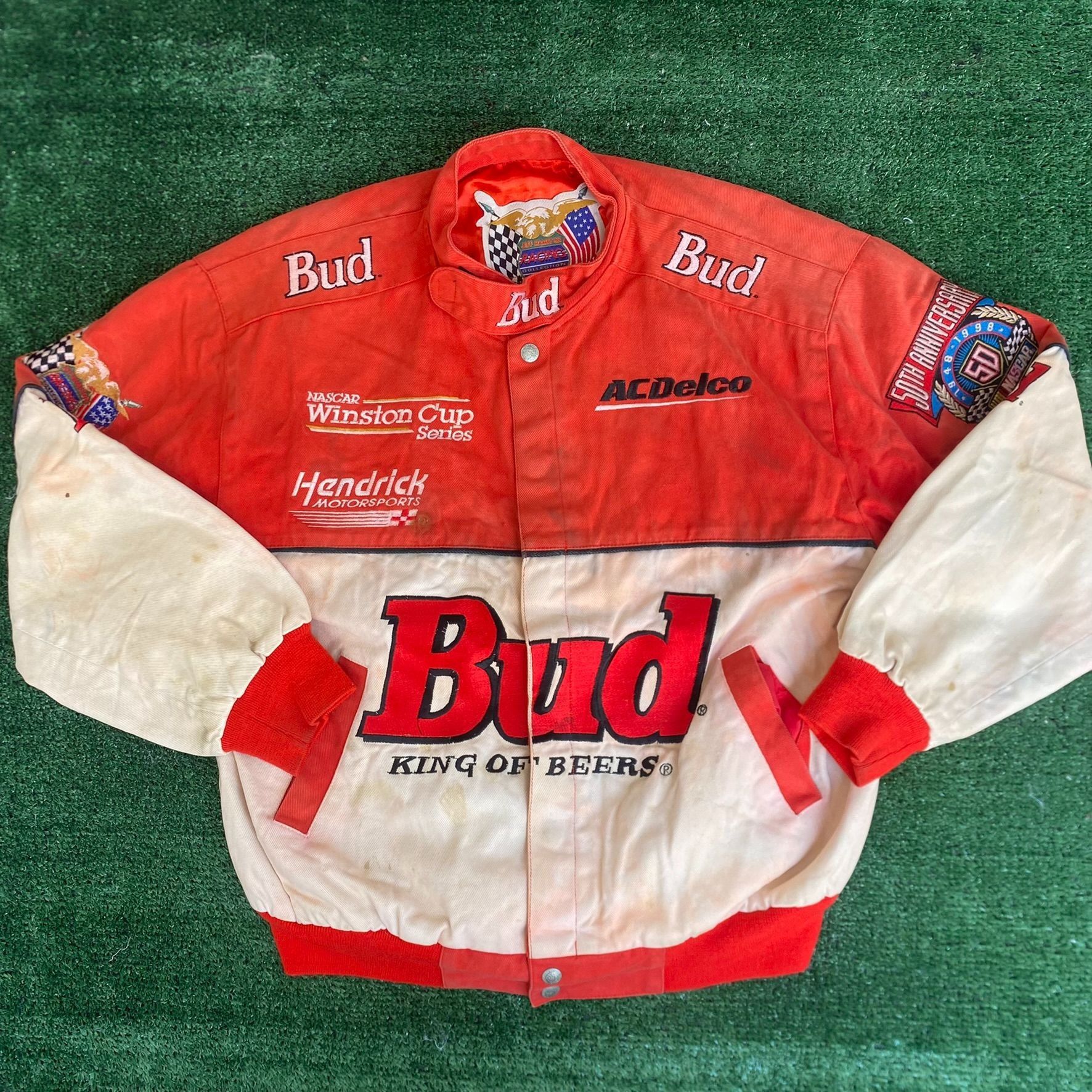 image of Budweiser x Racing Vintage 90's Bud Racing Jacket Nascar Jeff Hamilton Bomber in Red (Size Small)