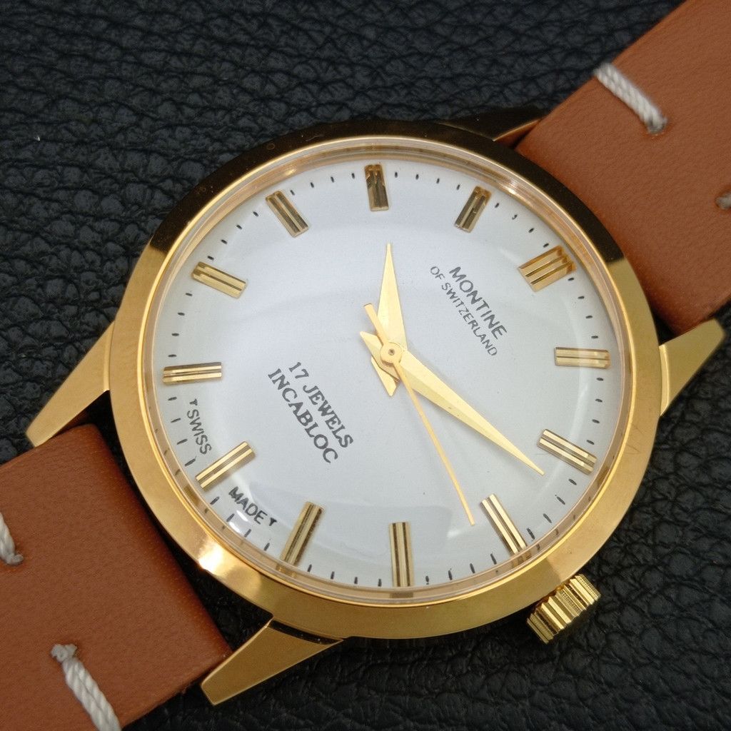Other VINTAGE MONTINE HAND-WINDING SWISS MENS WHITE WATCH a444155 Size 38 - 6 Thumbnail