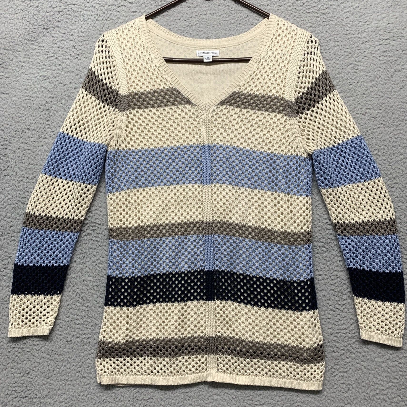 Croft & Barrow Croft & Barrow Women’s Long Sleeve Knitted Top Stripe Cream Blue Tones V-Neck M Blue Tan Size M / US 6-8 / IT 42-44 - 2 Thumbnail