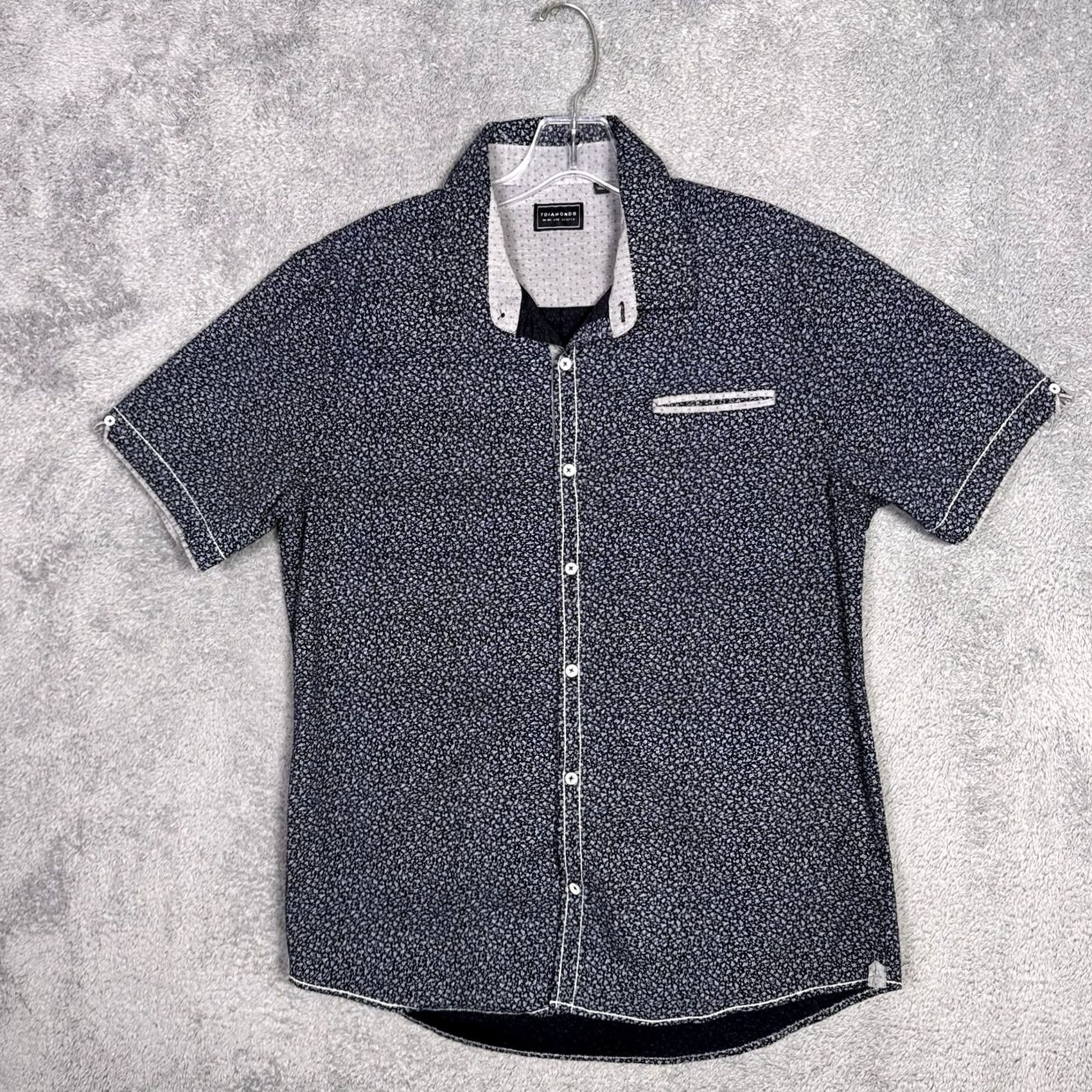 Vintage 7 Diamonds Shirt Mens L Floral 4 Way Stretch Graceland Woven Casual Short Sleeve Button-Up Black Polyester Spandex Size US L / EU 52-54 / 3 - 3 Thumbnail