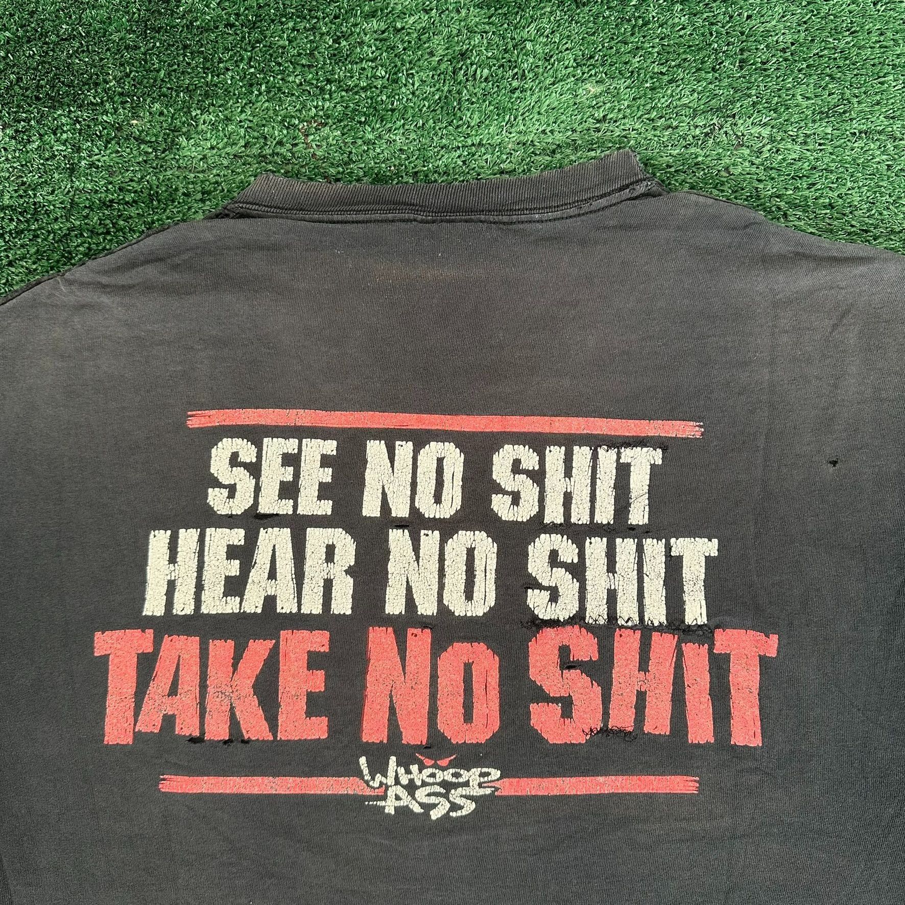 Hanes Vintage 90s Whoop Ass T-Shirt Faded Black Distressed Boxy L Size US L / EU 52-54 / 3 - 2 Thumbnail
