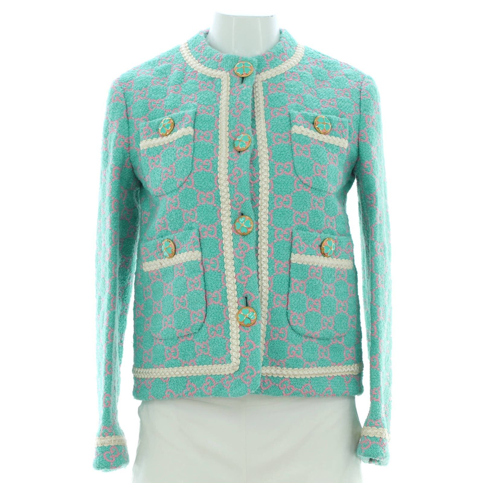 Image of Gucci Women's Four Pocket Collarless Jacket GG Tweed None in Blue (Size XS)