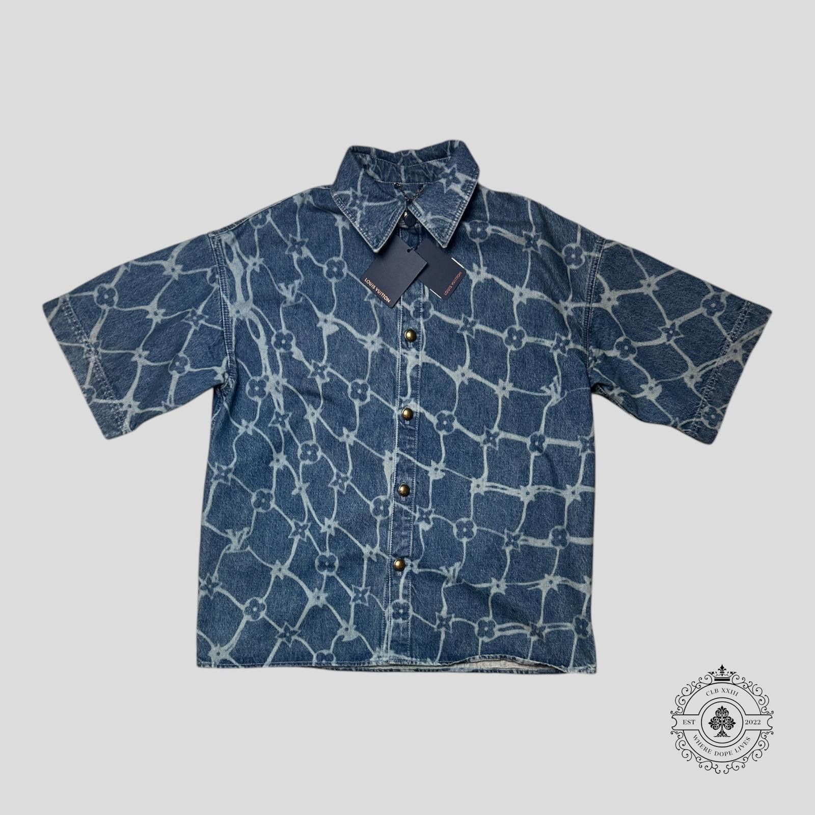 Louis Vuitton Fishnet Monogram Button Up Denim Shirt in Blue