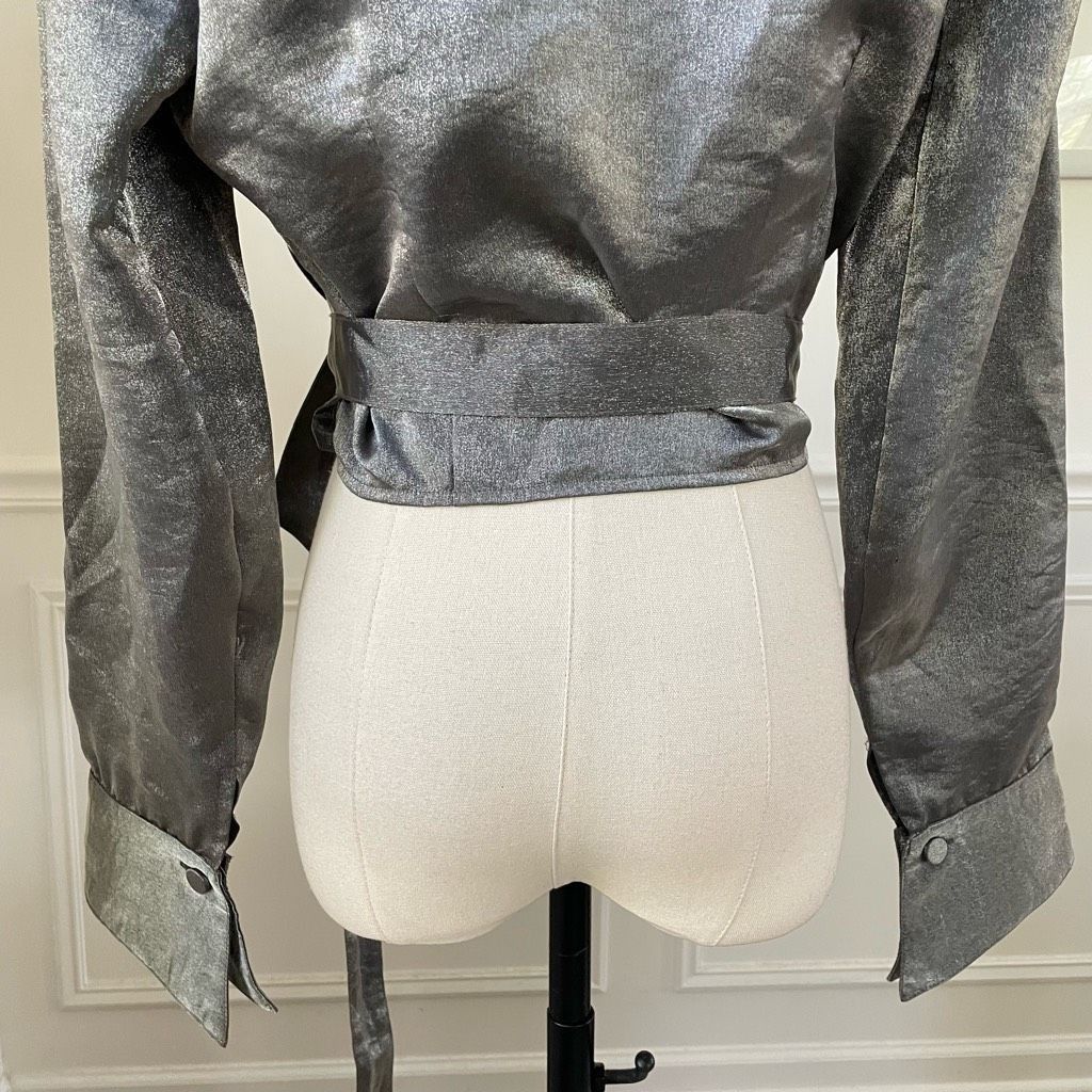 Vintage Vintage 80s 90s Le Château Metallic Silver Gunmetal Cropped Wrap Shirt M Size M / US 6-8 / IT 42-44 - 7 Thumbnail