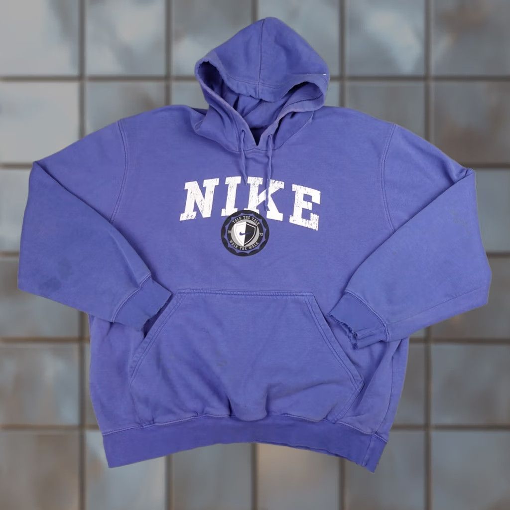 Nike VINTAGE Nike Hoodie Mens XL Blue Center Swoosh Crest 90s Y2K Spellout Graphic Print Size US XL / EU 56 / 4 - 1 Thumbnail