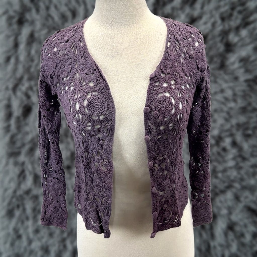 Pierre Cardin VINTAGE Pierre Cardin Crochet Cardigan Sweater Womens PM Purple Linen Blend Festival 90s Y2K Boho Whimsigoth Festival Ladies PM Ladies Size M / US 6-8 / IT 42-44 - 1 Thumbnail