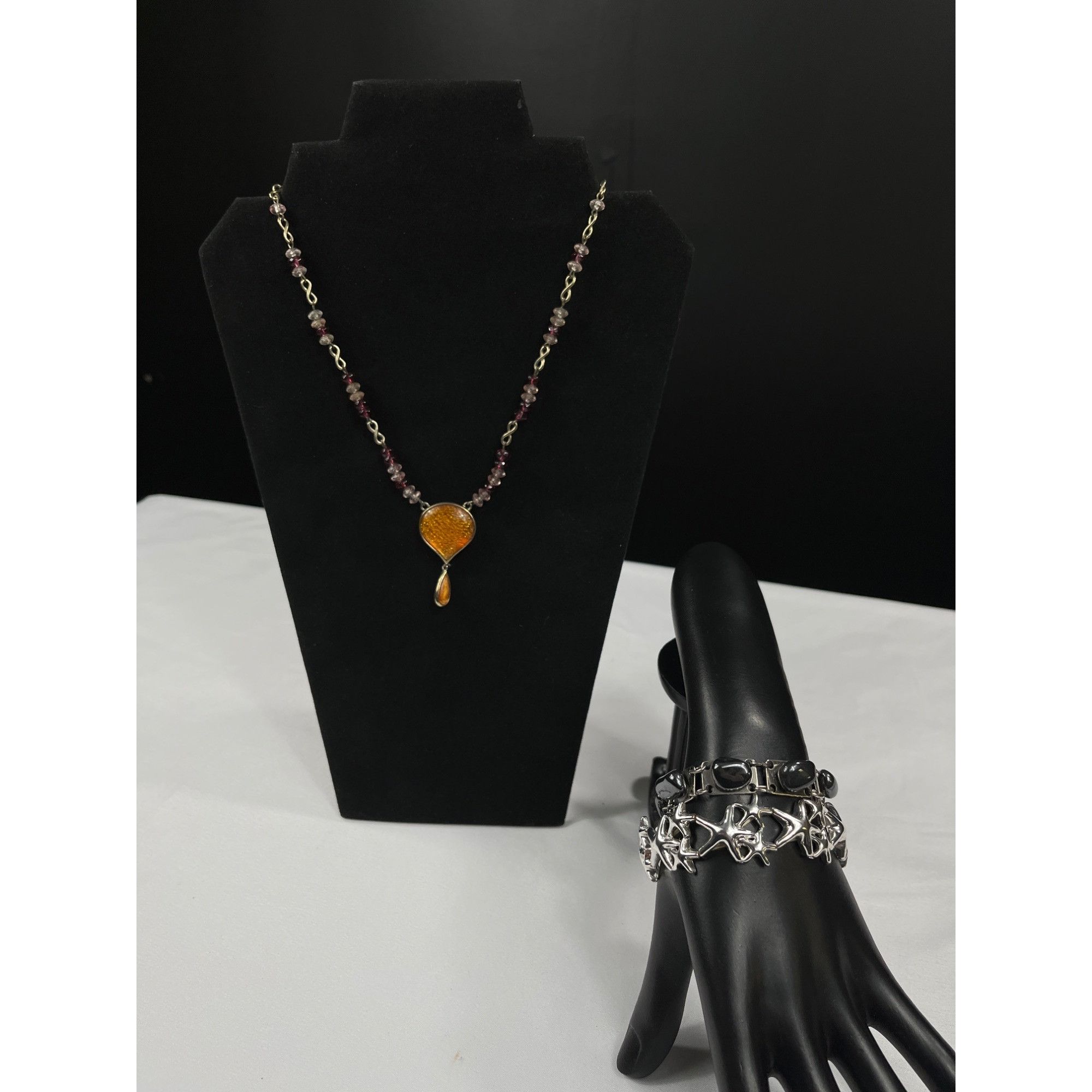 Vintage Vintage SKU 7862 Amber Pendant Necklace and Silver Bracelet Size ONE SIZE - 1 Thumbnail