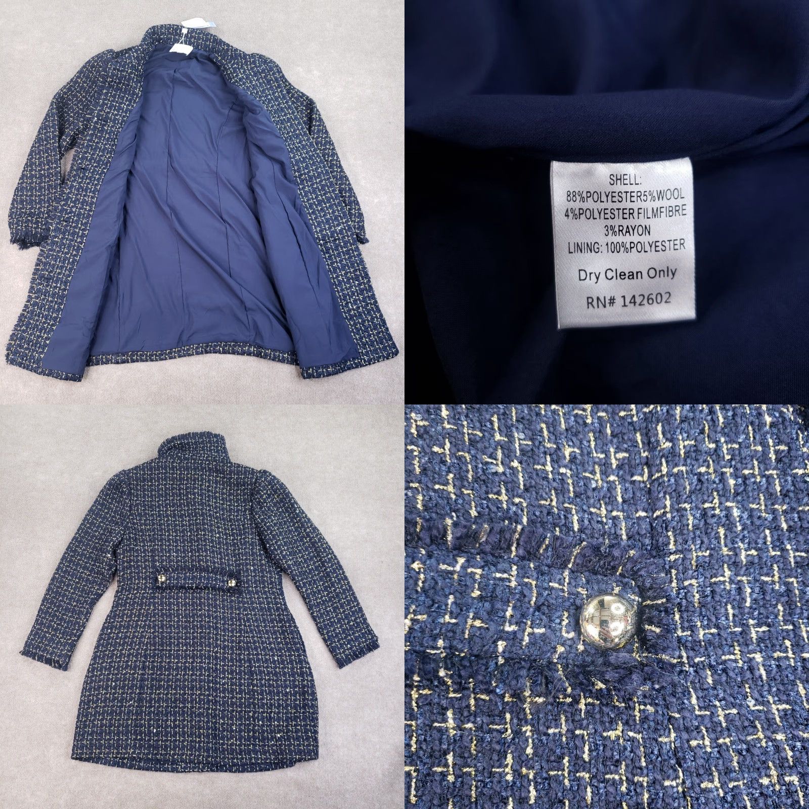 Vintage Sail to Sable Tweed Coat Womens Large Long Blue Gold Button Front Sequence Lined Size L / US 10 / IT 46 - 8 Thumbnail