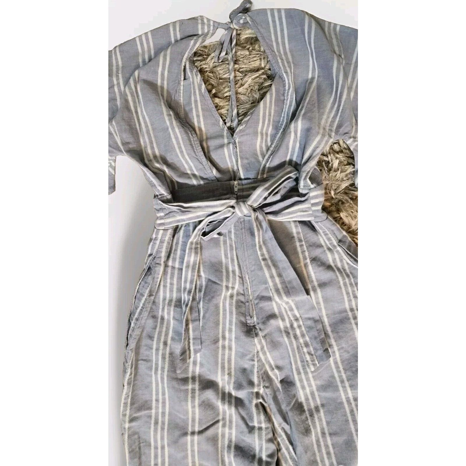 Zara Deep V Jumpsuit Romper Blue Stripe Open Back Wide Leg XS 3 Size 24" / US 00 / IT 34 - 6 Thumbnail