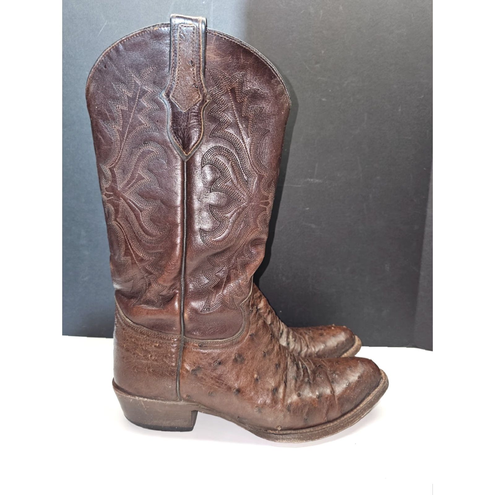 Stetson VINTAGE John B Stetson Cowboy Western Boots Men’s Sz 9D Brown Leather Ostrich Handmade Mid-Calf Shaft Pointed Toe Pull On D Width Boots Size US 9 / EU 42 - 2 Thumbnail