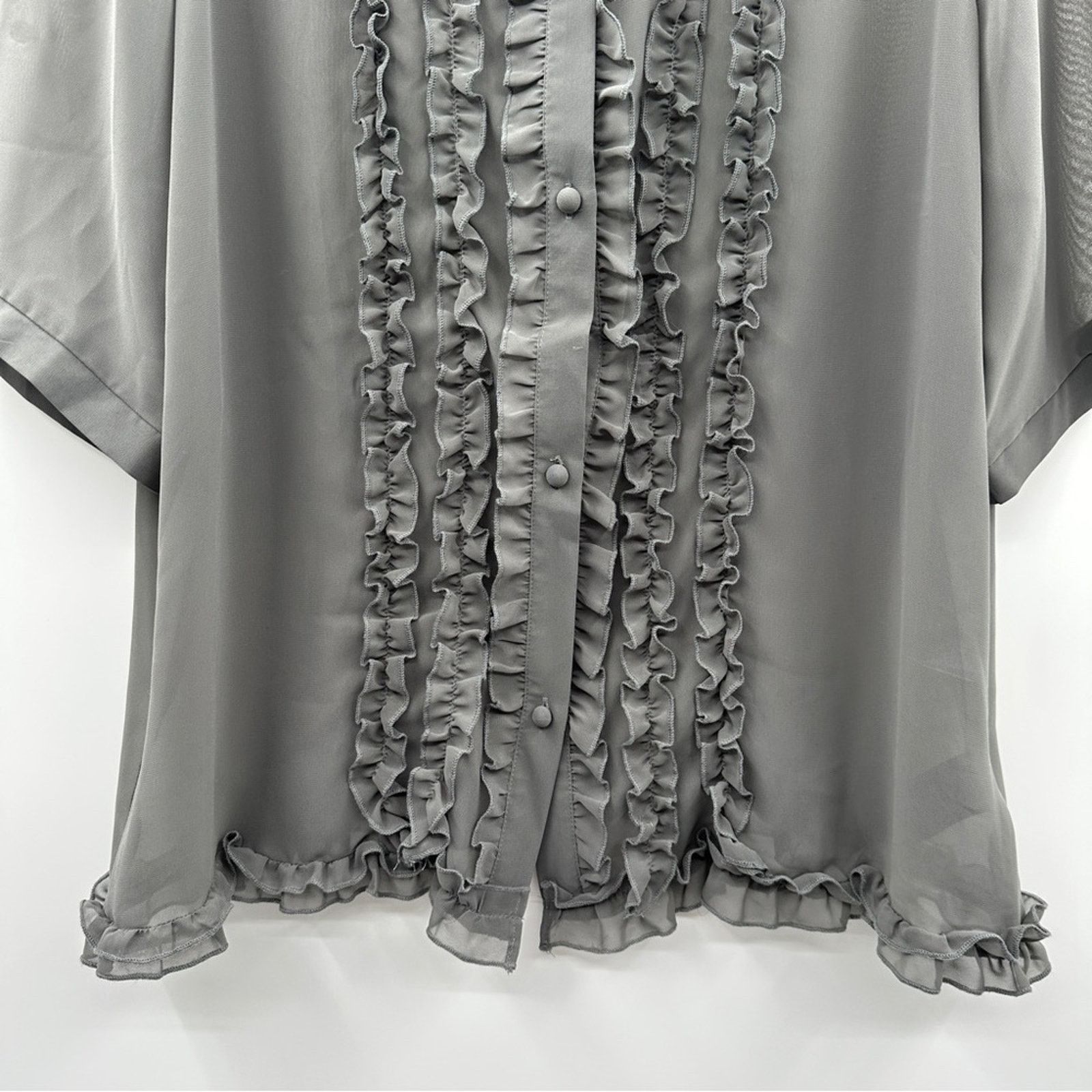 Norma Kamali Norma Kamali Poet Sheer Gray Ruffle Button-Front Top Size XXL / US 16-18 / IT 52-54 - 4 Thumbnail