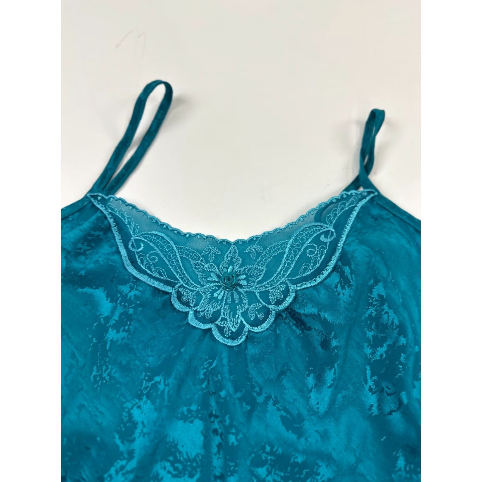 Vintage Inner Most Dress Teal Slip Lace Trim Spaghetti Strap Pullover Womens Large Dress Sleeveless Round Neck Casual Short 100% Polyester Size L / US 10 / IT 46 - 3 Thumbnail