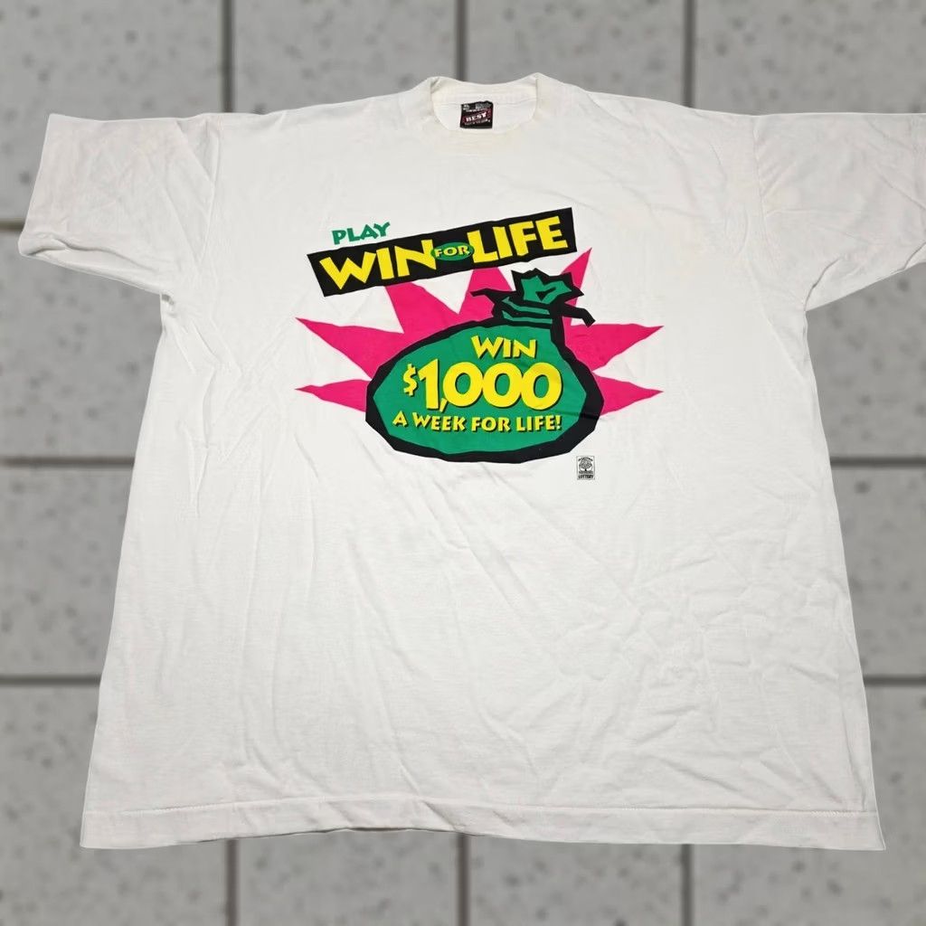 Fruit Of The Loom VINTAGE Michigan Lottery Promo Win For Life Single Stitch Shirt Mens XL 90s Size US XL / EU 56 / 4 - 1 Thumbnail