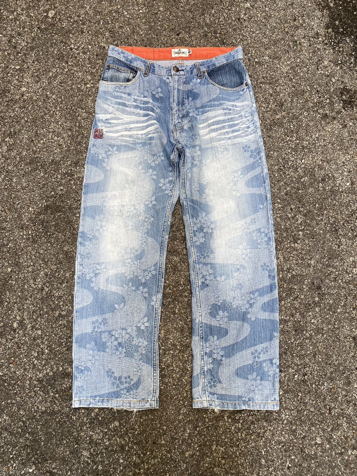 image of Archival Clothing x Hysteric Glamour Karakuri Tamashi Sugoi Jacquard All Over Print Jeans in Blue (