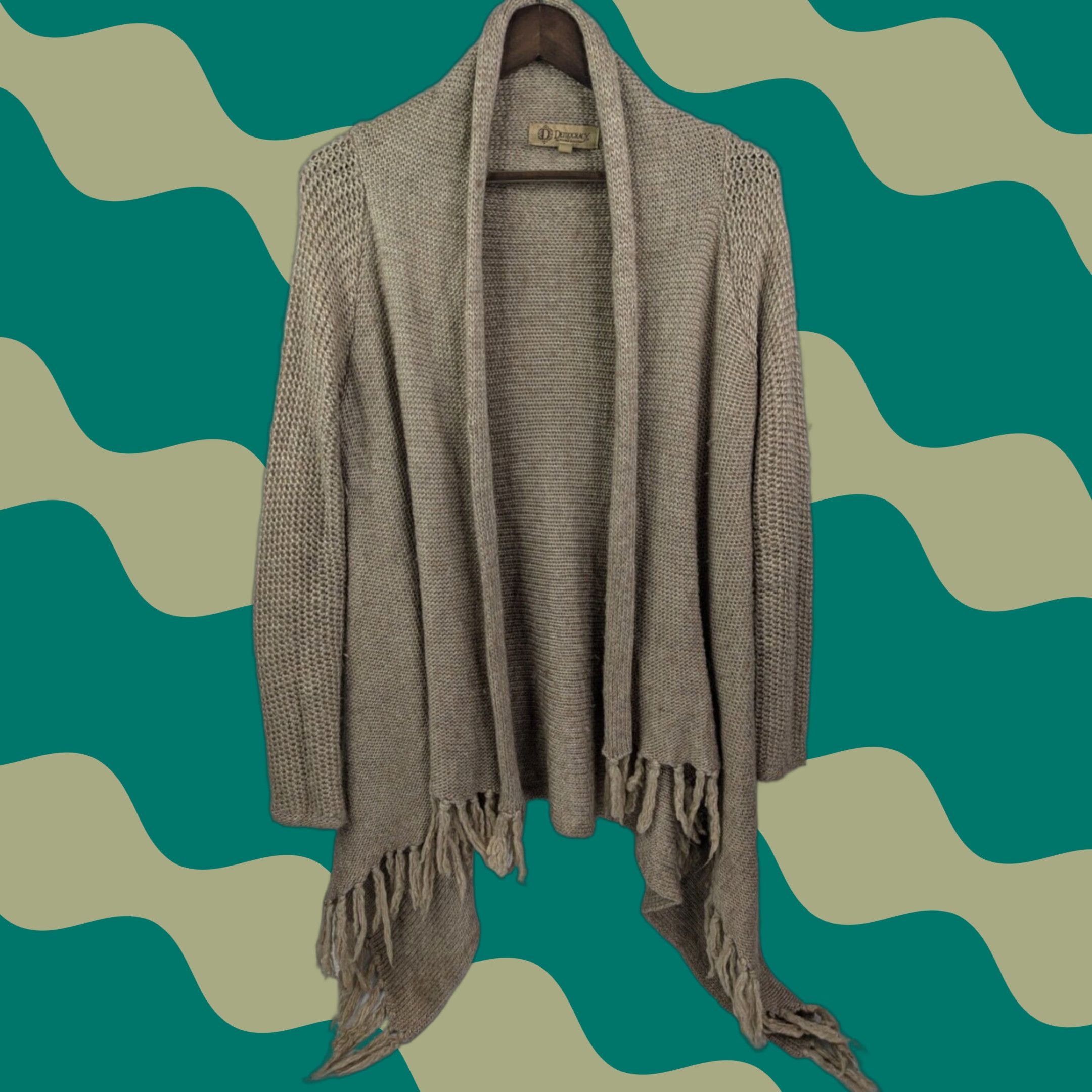 Vintage VINTAGE? (No) Democracy Cardigan Long Sleeve Open Front Fringe Knit Beige Size M Womens Sweater Fringe Hem Cozy Knit Fall Winter Size M / US 6-8 / IT 42-44 - 1 Thumbnail