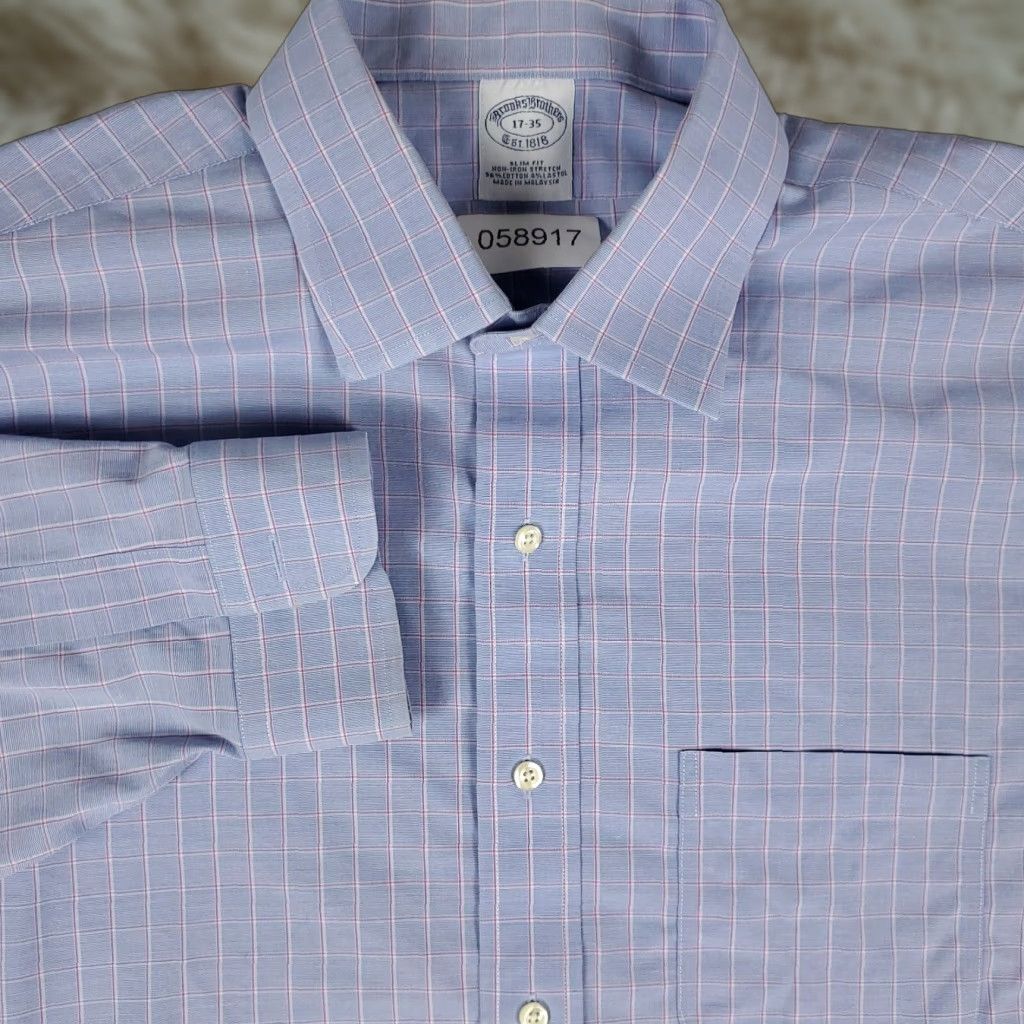Brooks Brothers VINTAGE Brooks Brothers Dress Shirt Men 17 Blue Plaid Slim Fit Long Sleeve Business Casual Formal Workwear Size 46R - 1 Thumbnail