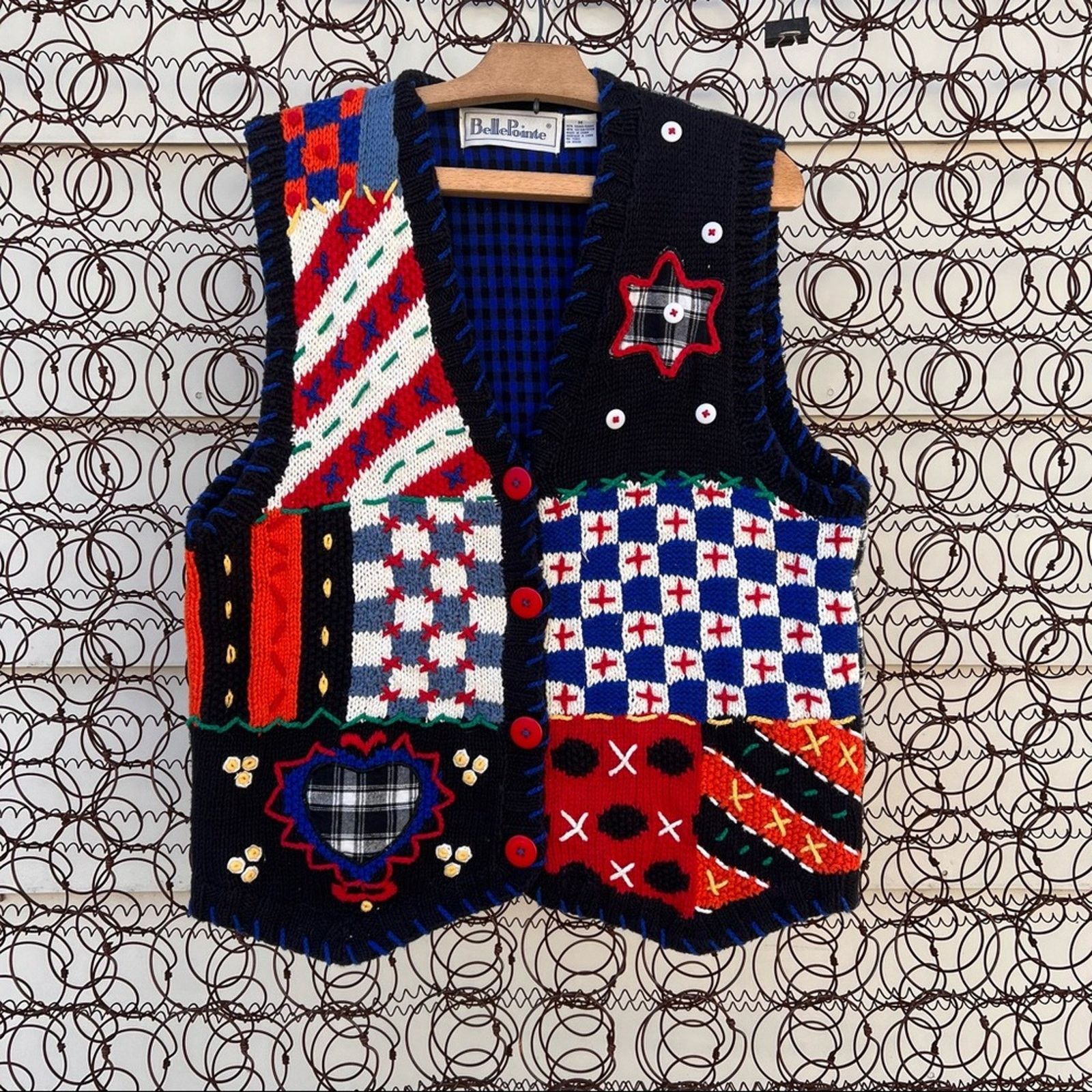 Vintage Vintage 90s funky patchwork sampler knit sweater vest Size M / US 6-8 / IT 42-44 - 1 Thumbnail