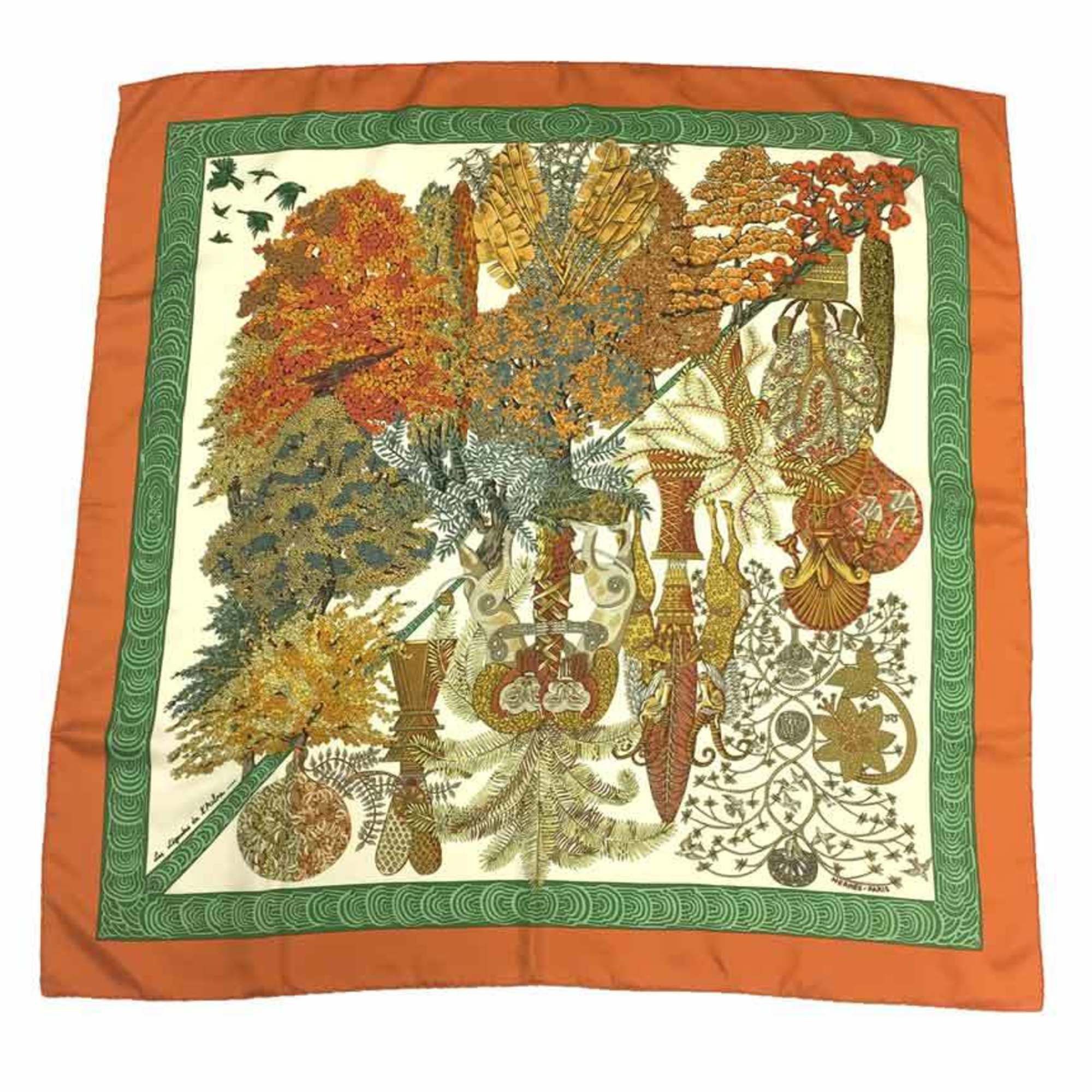 image of Hermes Carre 90 Scarf Muffler Les Legendes De L'arbre Tree Legend Orange X Green 100% Silk Aq7062, 