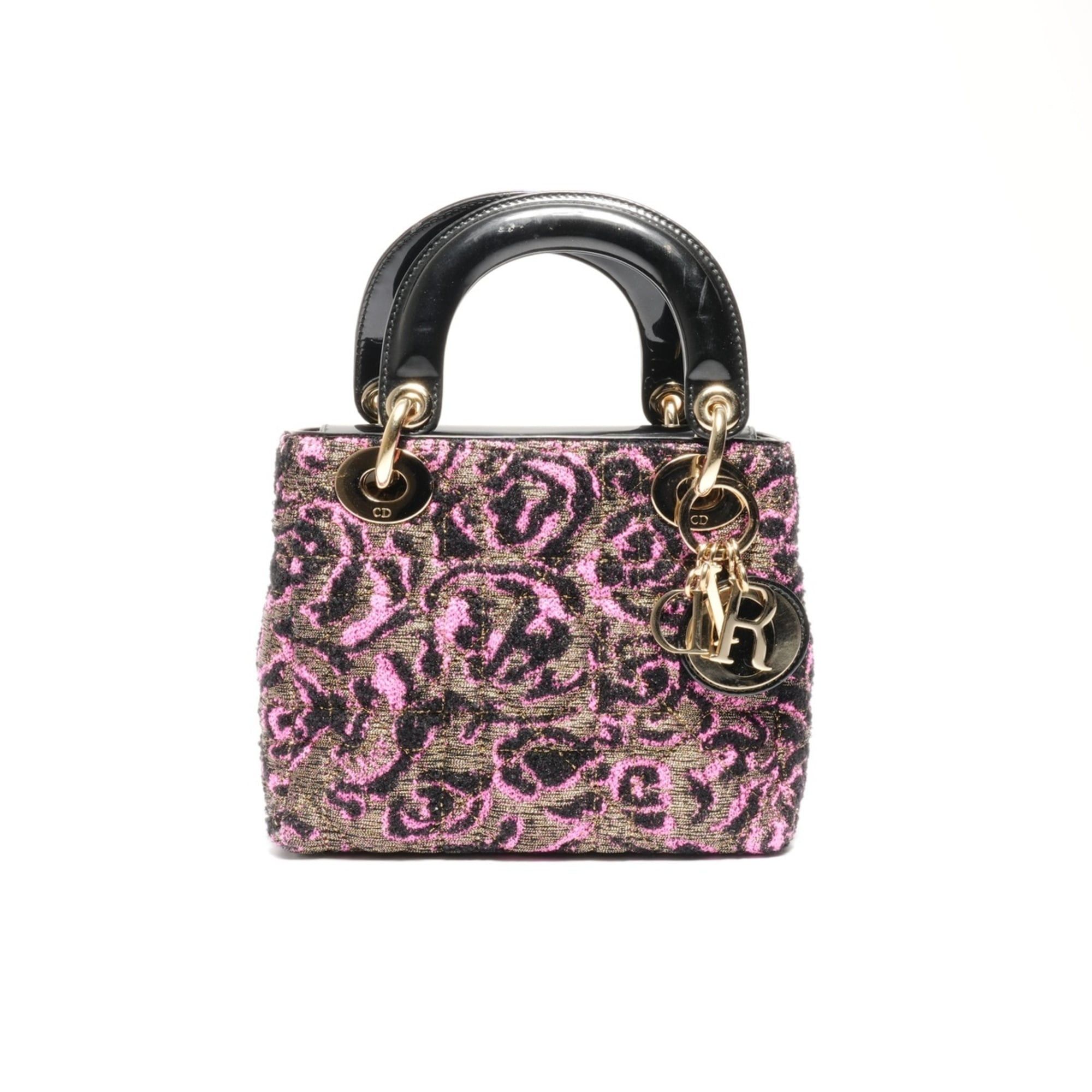Dior Christian Dior Women's Small Rose Wool Patent Leather Handbag in Black and Pink Size ONE SIZE - 1 Thumbnail