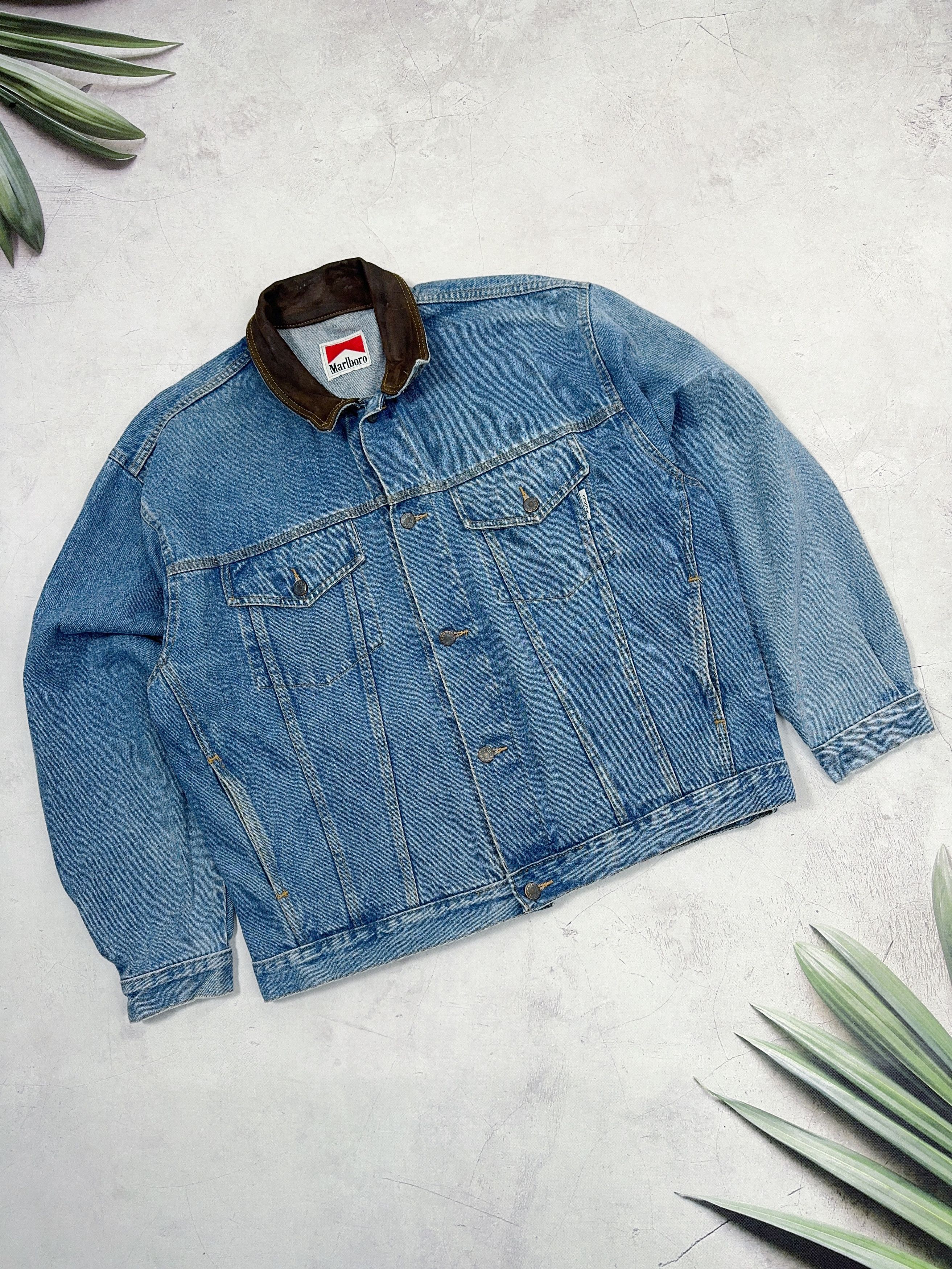 Marlboro × Vintage Vintage Marlboro Denim Jacket & Leather Collar Size US XL / EU 56 / 4 - 3 Thumbnail