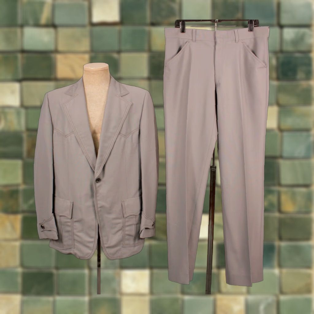 Vintage VINTAGE Mens VTG 70s 2 PC Grey Polyester Suit Sz M 1970s Size 40R - 1 Thumbnail