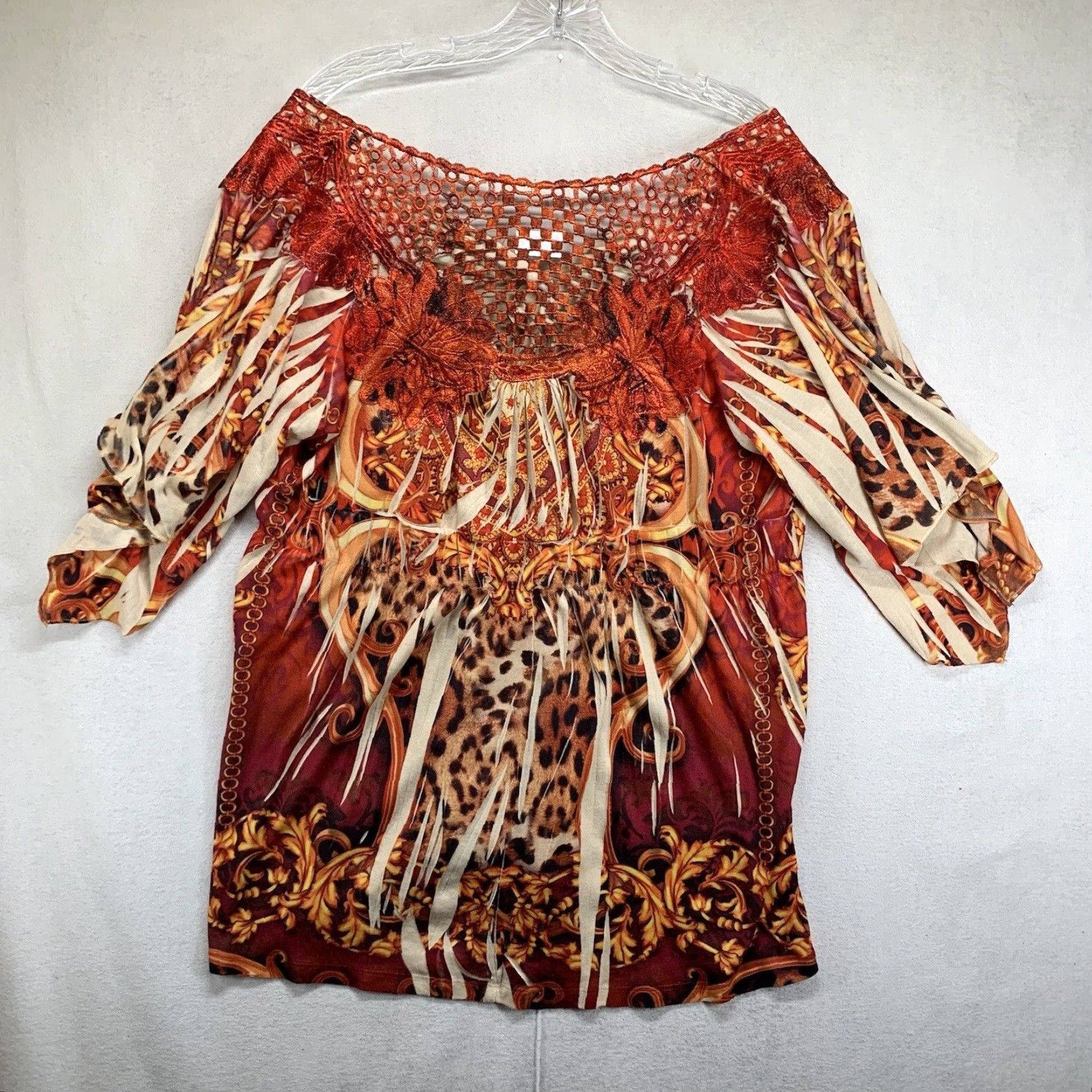Vintage Oneworld Women's Top 2X Orange Scoop Neck Print Pullover Long Sleeve Embroidered Size XXL / US 16-18 / IT 52-54 - 2 Thumbnail