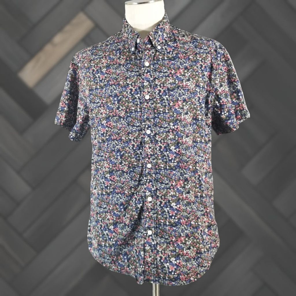 Mens Slim Fit Large XL Blue Floral Short Sleeve Shirt