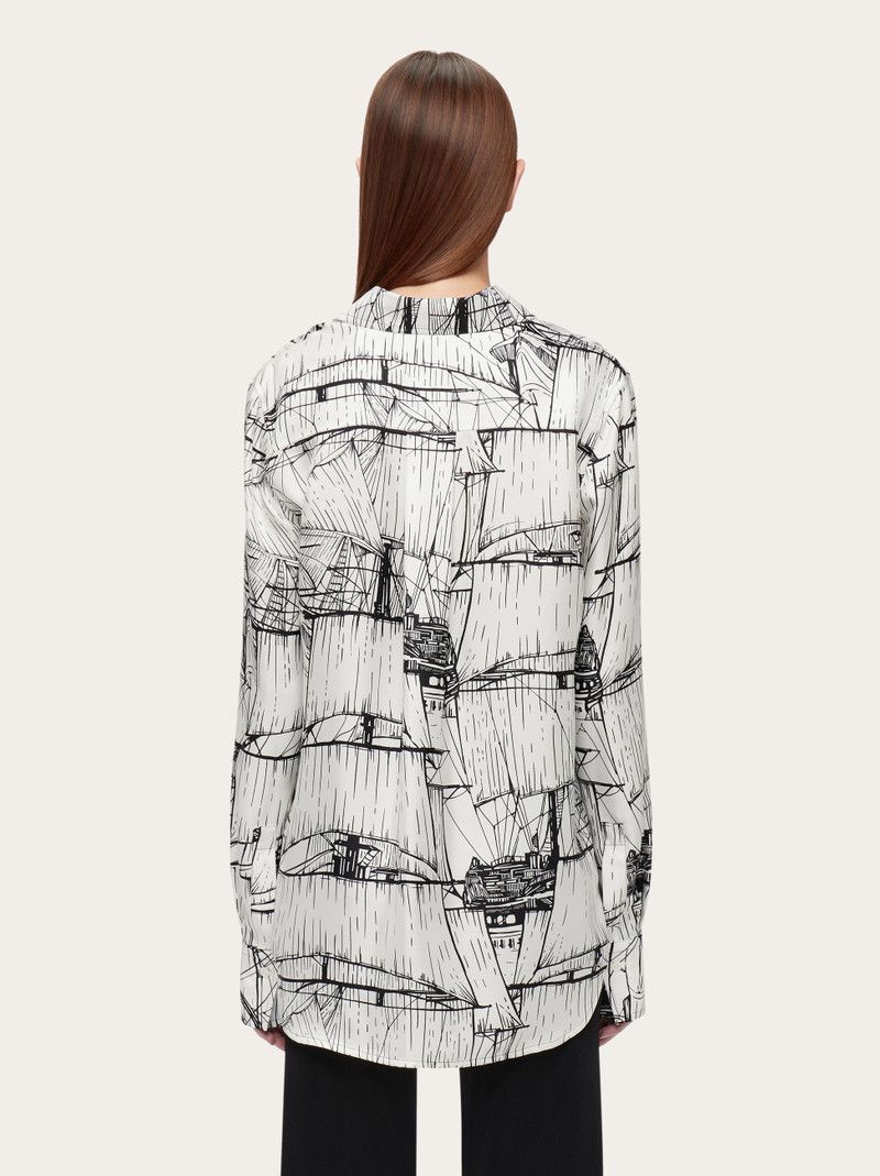 Salvatore Ferragamo o1s1rm0126 Nautical Printed Silk Shirt in White/Black Size M / US 6-8 / IT 42-44 - 3 Thumbnail