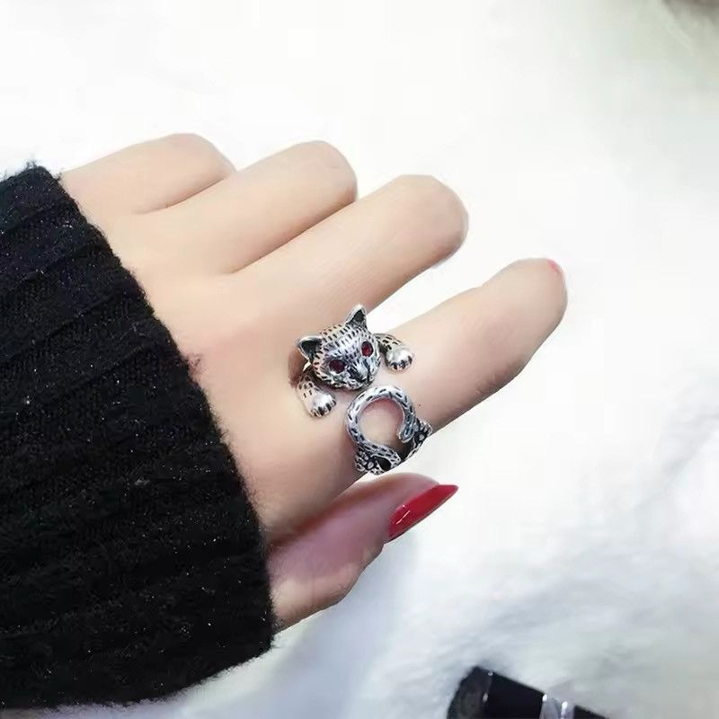 Japanese Brand Silver Color Red Zircon Cat Open Ring Size ONE SIZE - 2 Thumbnail