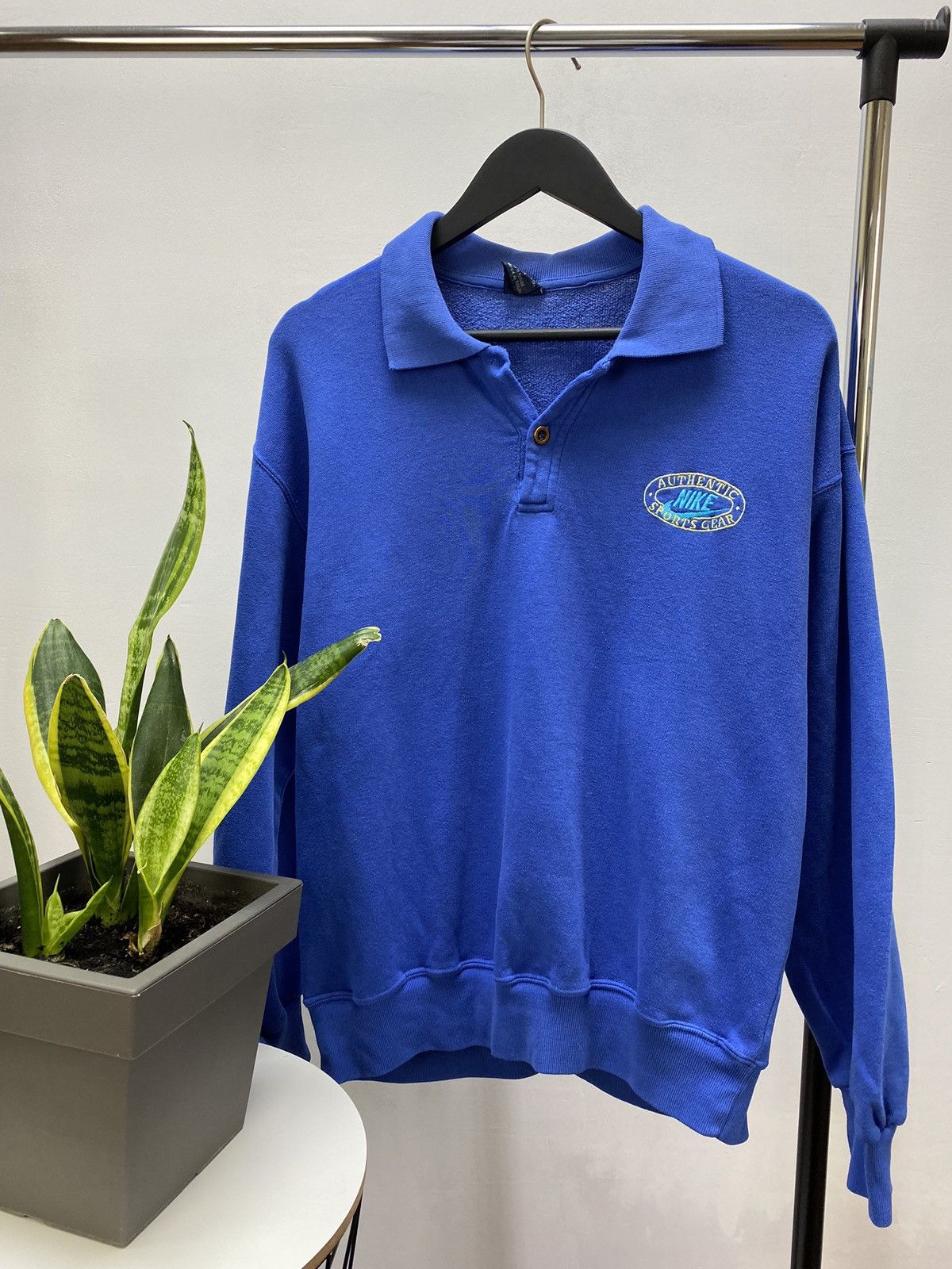 image of 80's Nike Longsleeve Collared Polo T Shirt in Blue, Men's (Size Medium)
