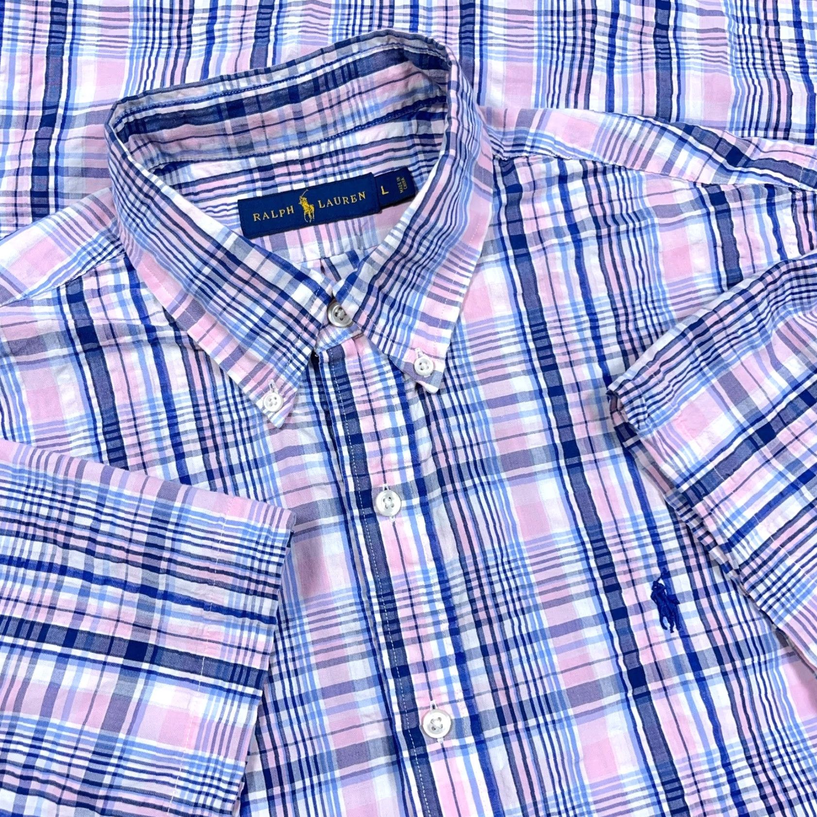 Ralph Lauren Ralph Lauren Shirt Men L Pink Blue Button-Up Seersucker Plaid Camp Cardigan? Size US L / EU 52-54 / 3 - 2 Thumbnail