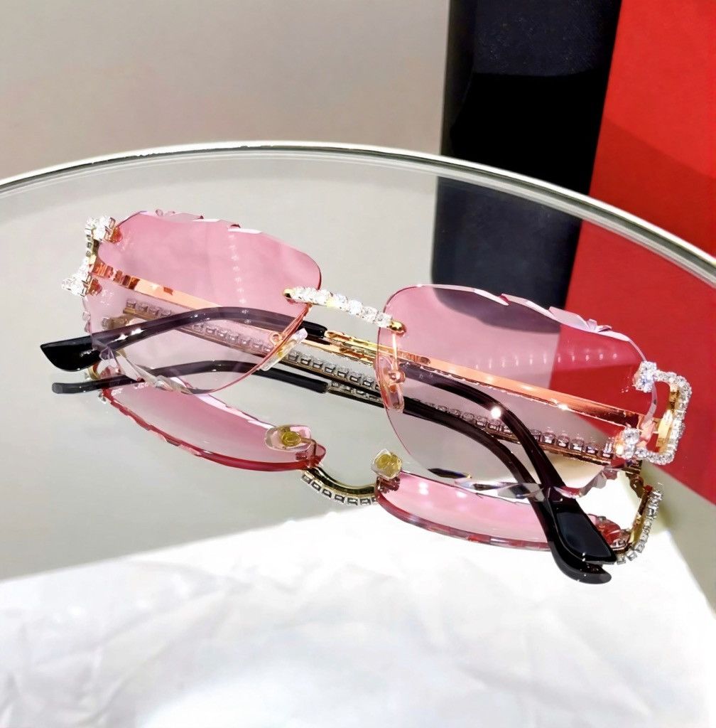 Other Luxury Rimless Round Cut Sunglasses Pink Lens Gold Frame Size ONE SIZE - 2 Thumbnail