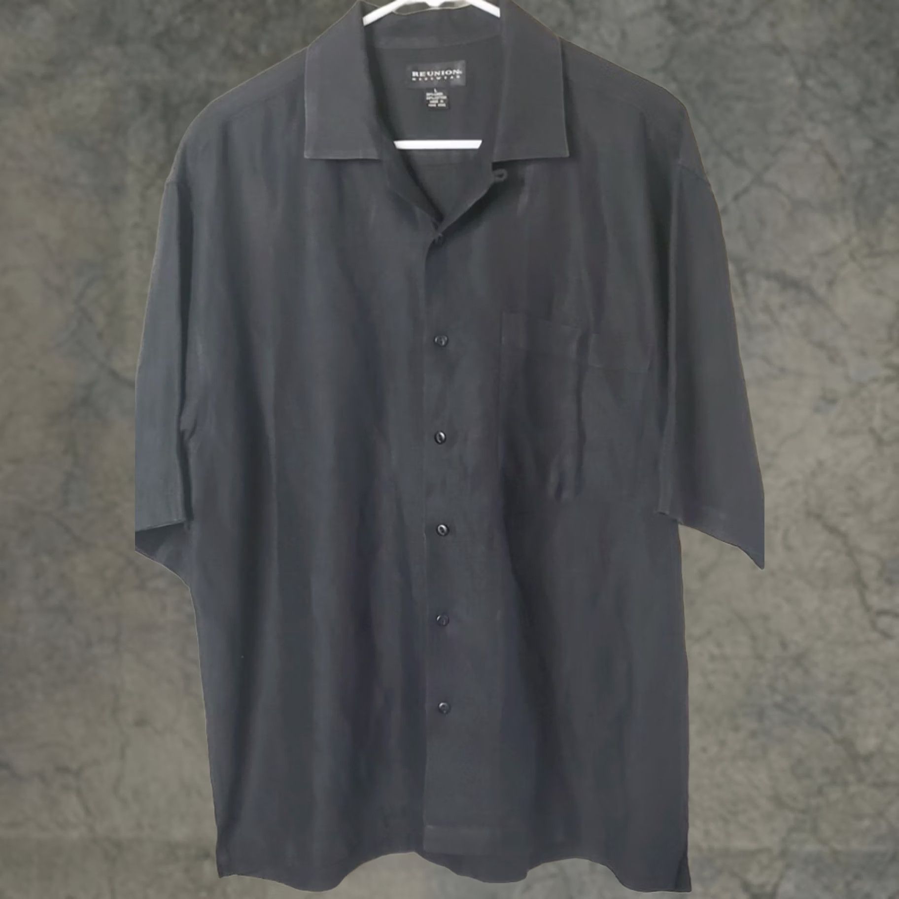 Vintage Reunion Menswear Shirt Mens L Black Button Front Short Sleeve Linen Blend Men Size US 33 - 1 Thumbnail