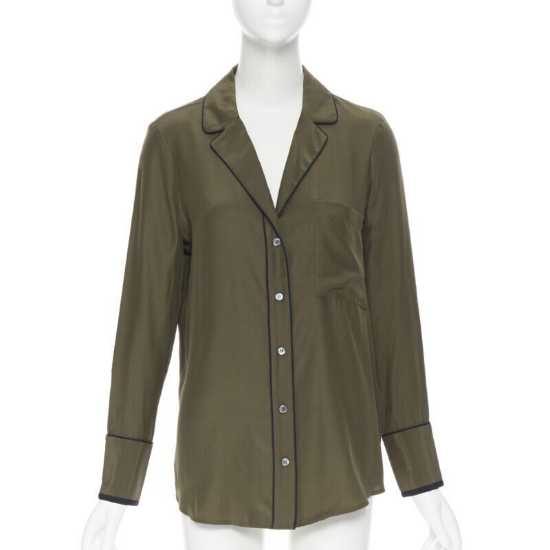Frame FRAME 100% silk forest green black piping casual pyjama shirt XS Size XS / US 0-2 / IT 36-38 - 1 Thumbnail