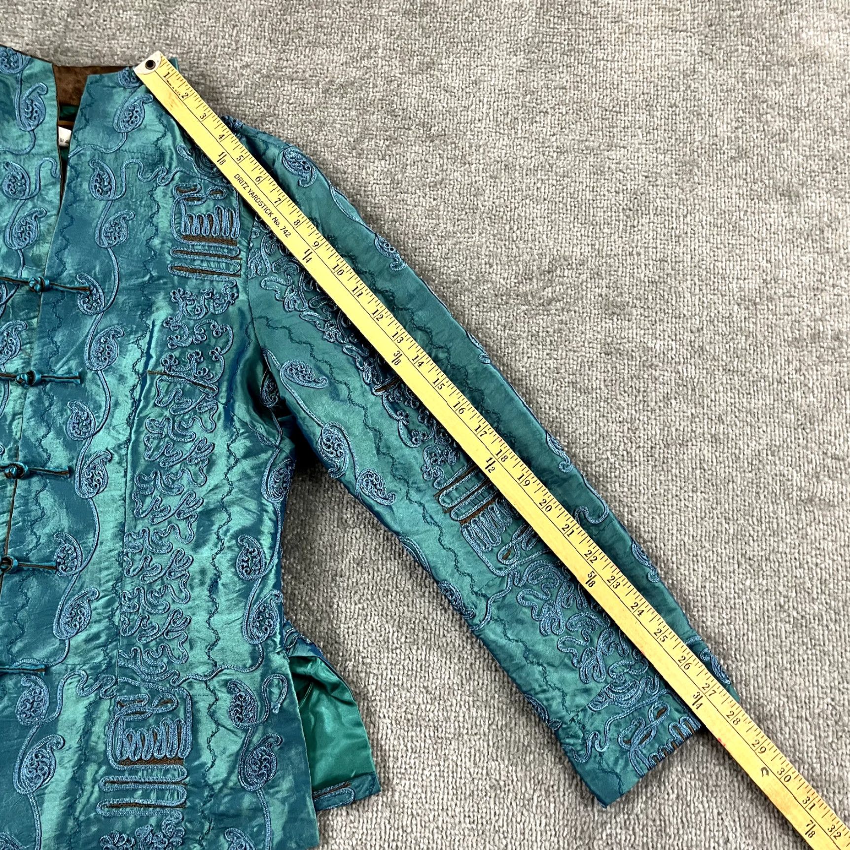 Vintage Shanghai Soho Blouse Women Medium Bluish Green Silk Rayon Embroidered Asian Size M / US 6-8 / IT 42-44 - 6 Thumbnail