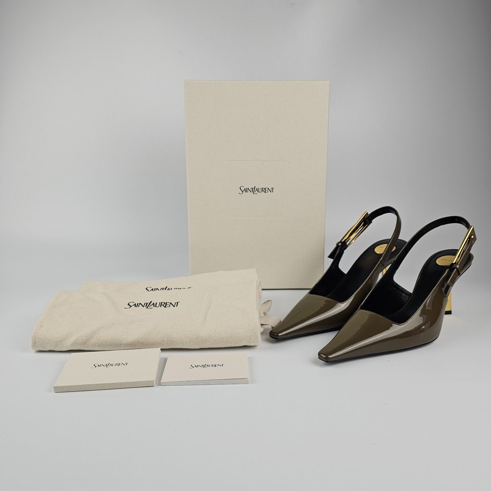 SAINT LAURENT Lee $1250 Kaki Patent Leather 75mm Slingback P