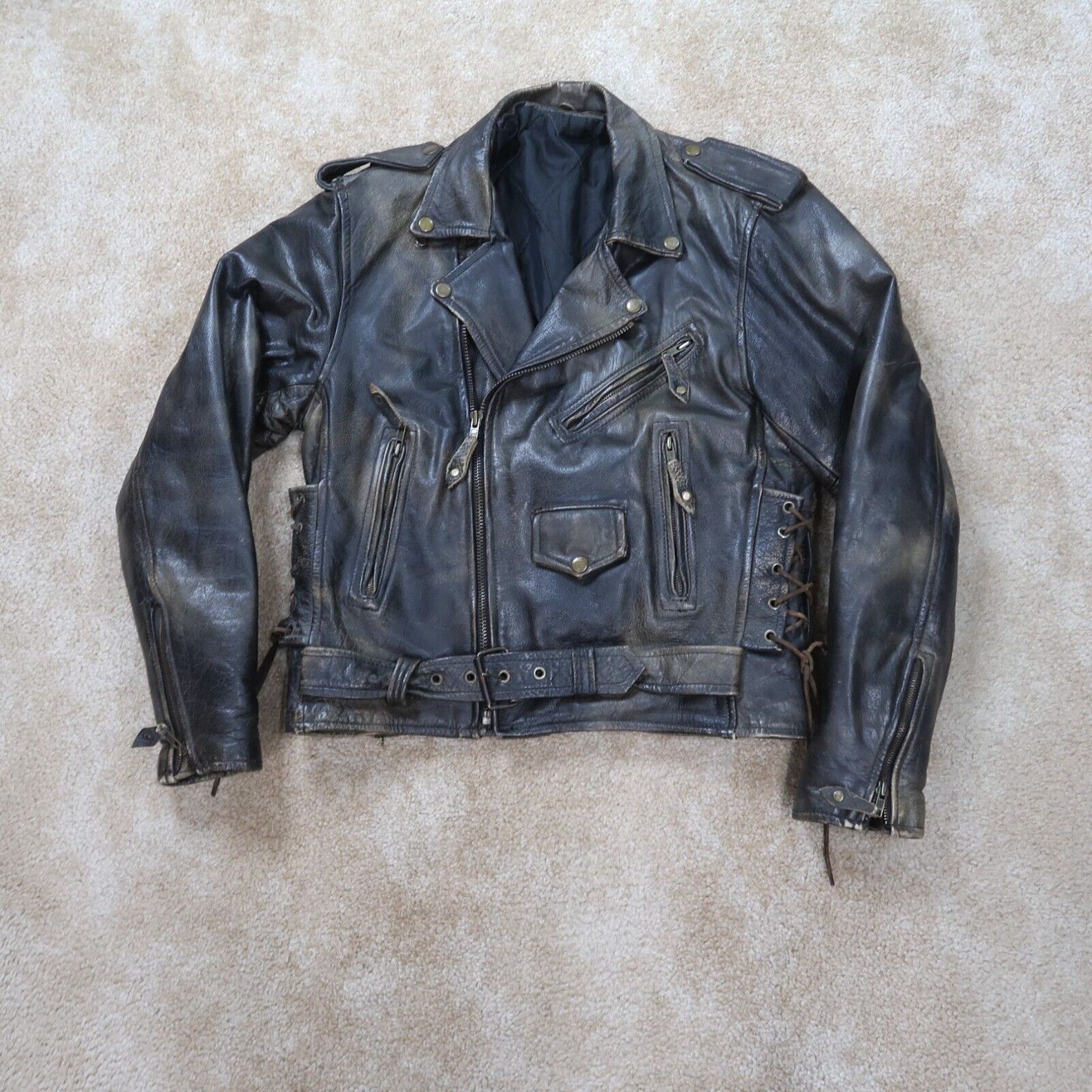 image of Vintage Leather Motorcycle Riding Jacket Men's Small Distressed Faded in White