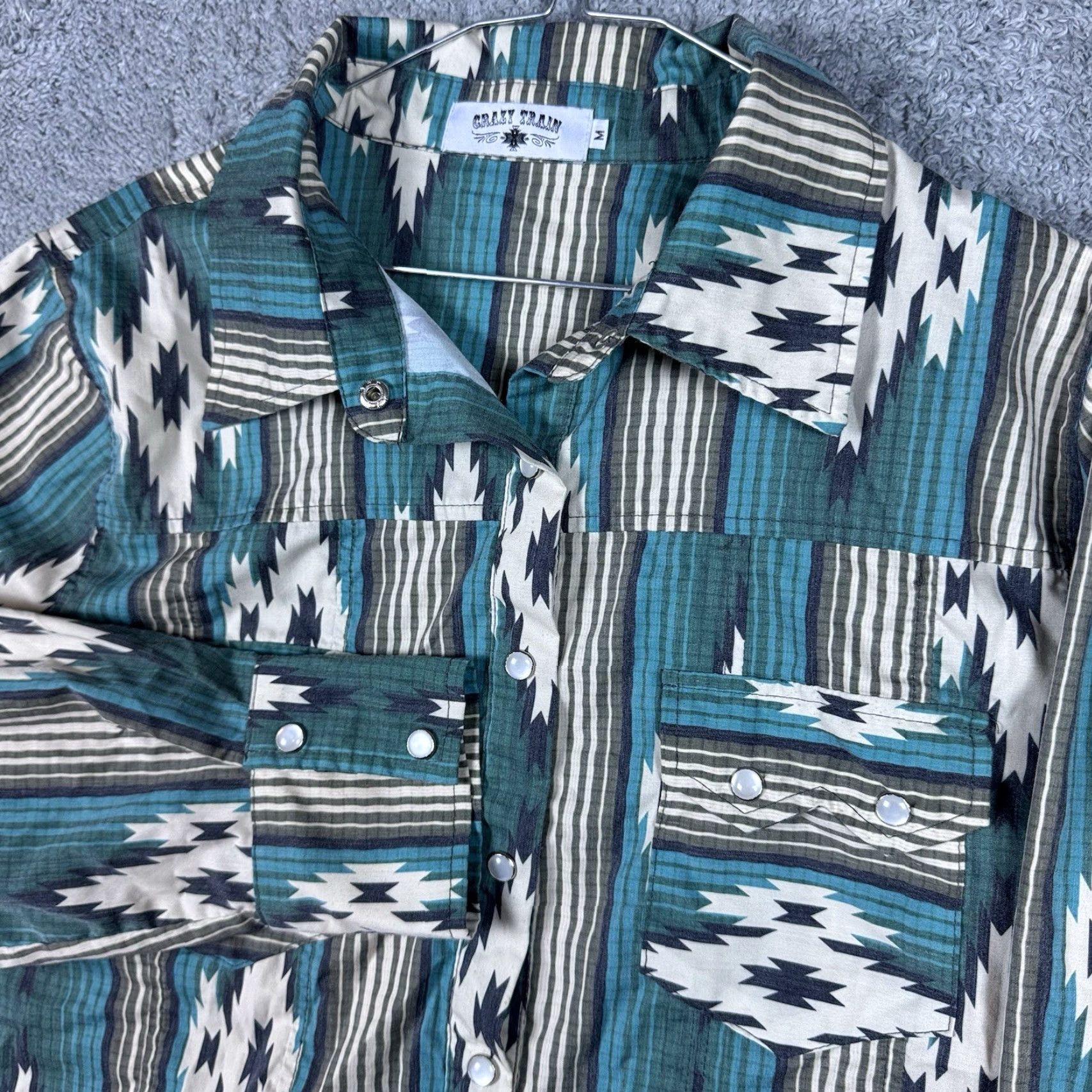 Vintage Crazy Train Pearl Snap Shirt Womens M Vintage Cowgirl Aztec Sawtooth 90s Western Size M / US 6-8 / IT 42-44 - 2 Thumbnail