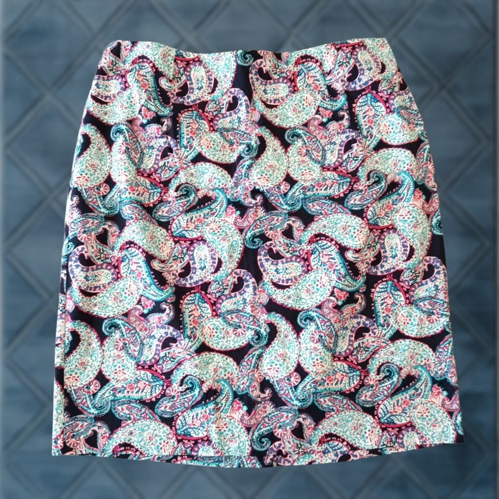 Talbots Talbots Skirt Women Plus 18W Knee Length Paisley Blue Pink Slit Elastic Waist Pencil Size 40" / US 18 - 1 Thumbnail